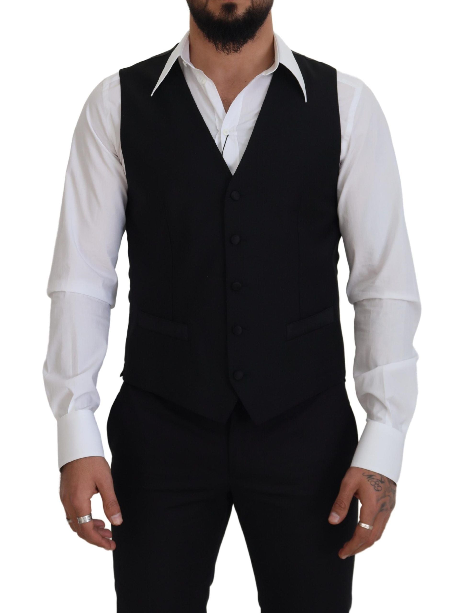 Black Virgin Wool Waistcoat Formal Dress Vest - ventzia
