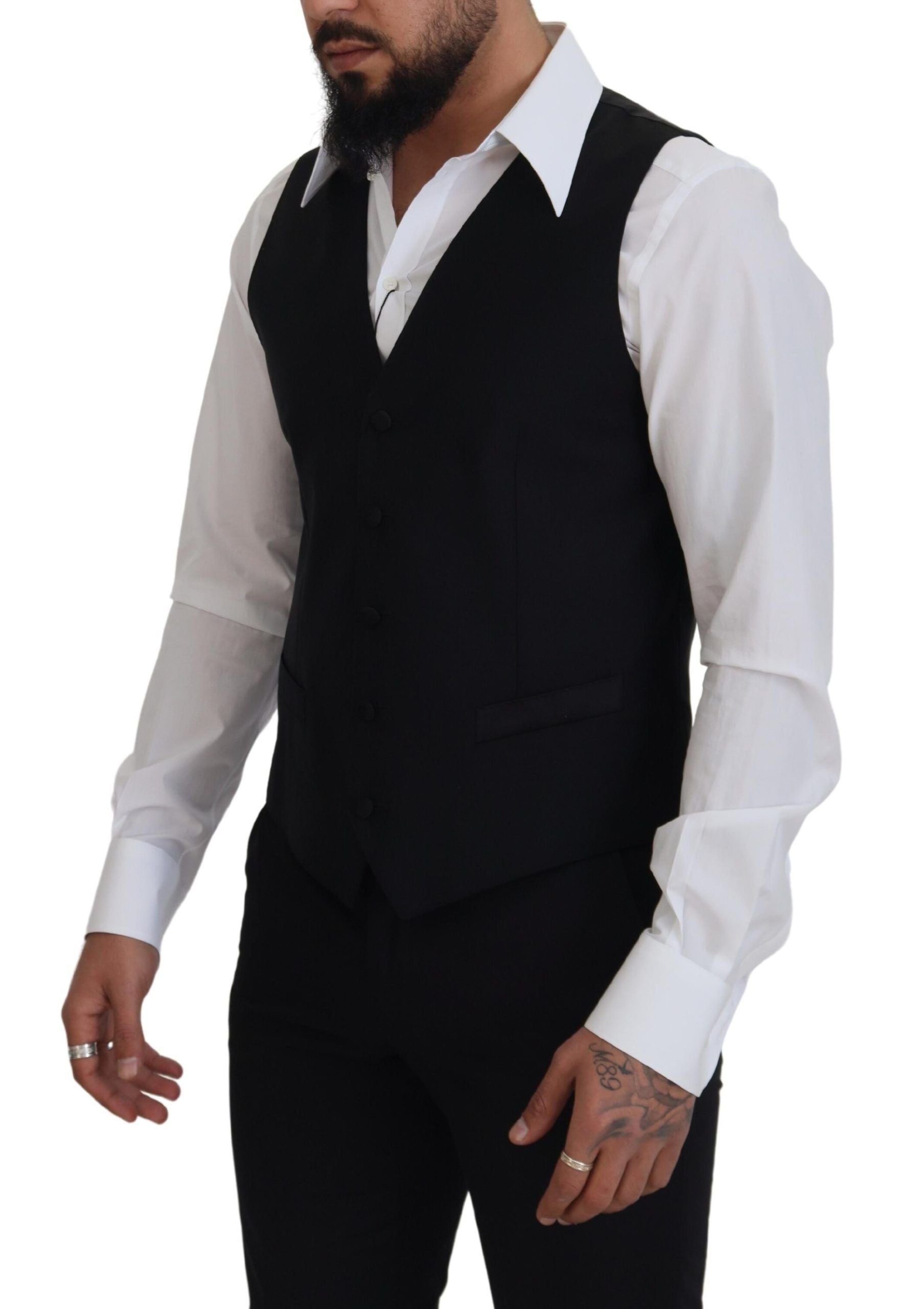Black Virgin Wool Waistcoat Formal Dress Vest - ventzia