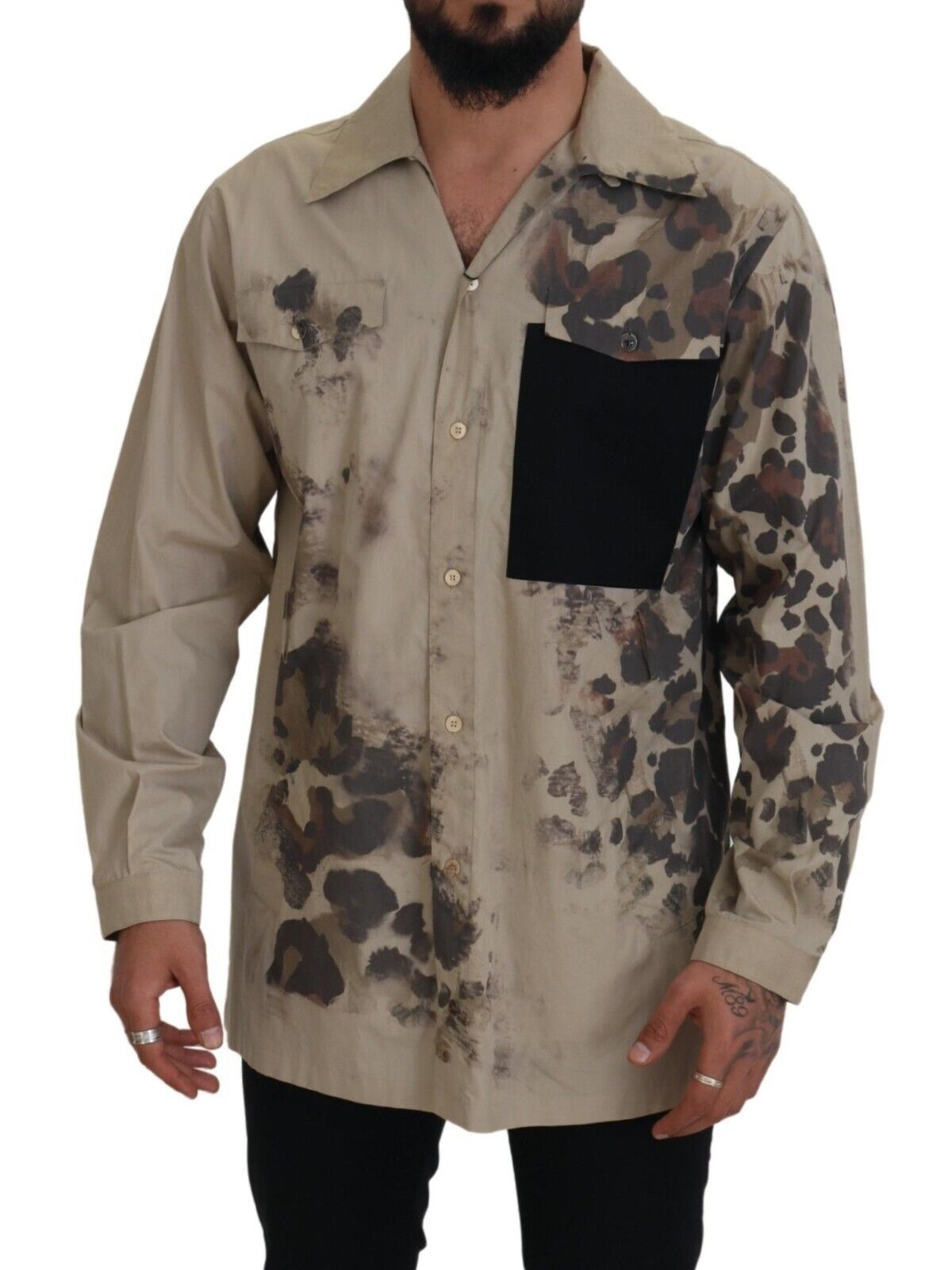 Beige Camouflage Cotton Long Sleeves Shirt - ventzia