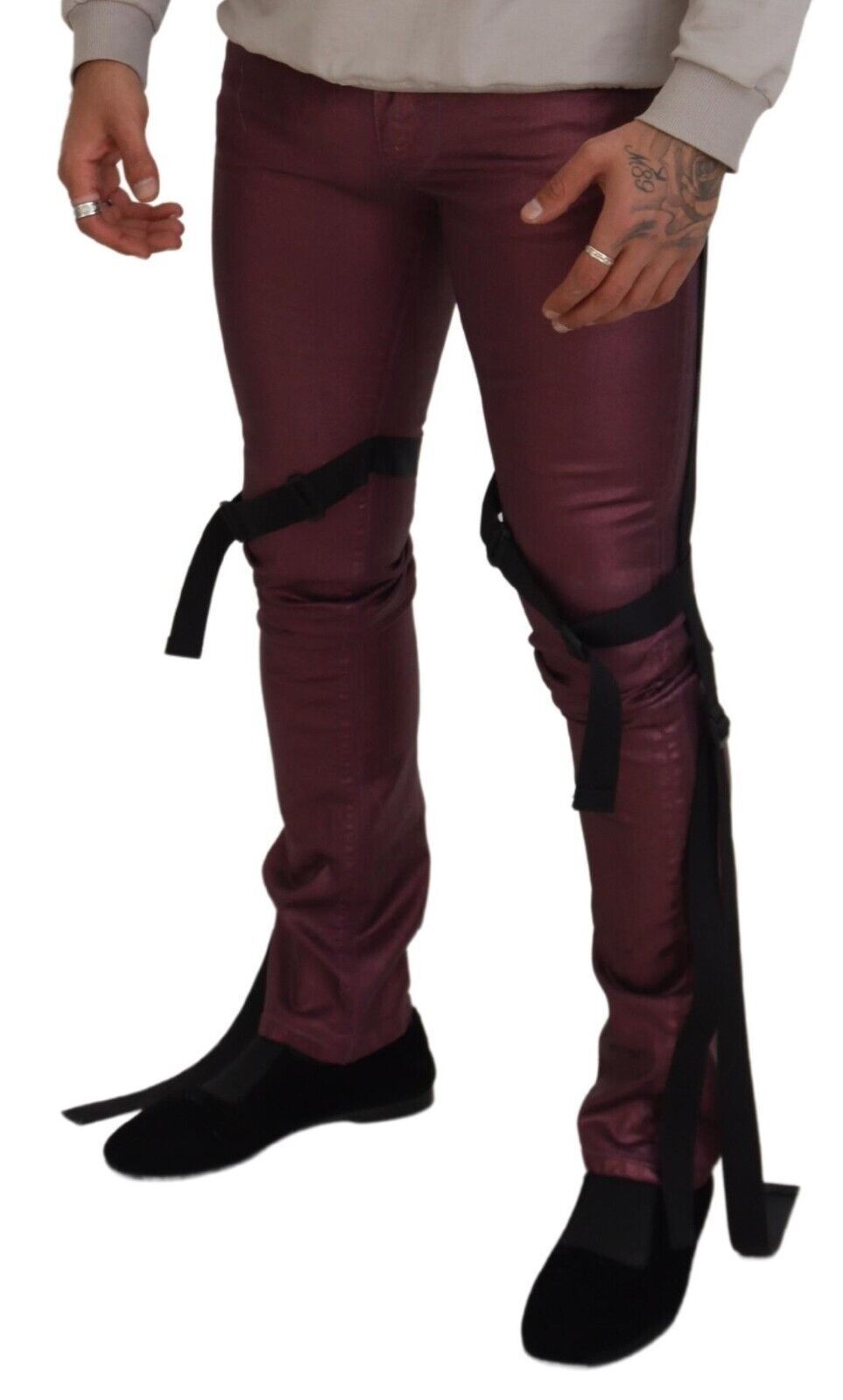 Magenta Cotton Men Casual Harness Denim Jeans - ventzia
