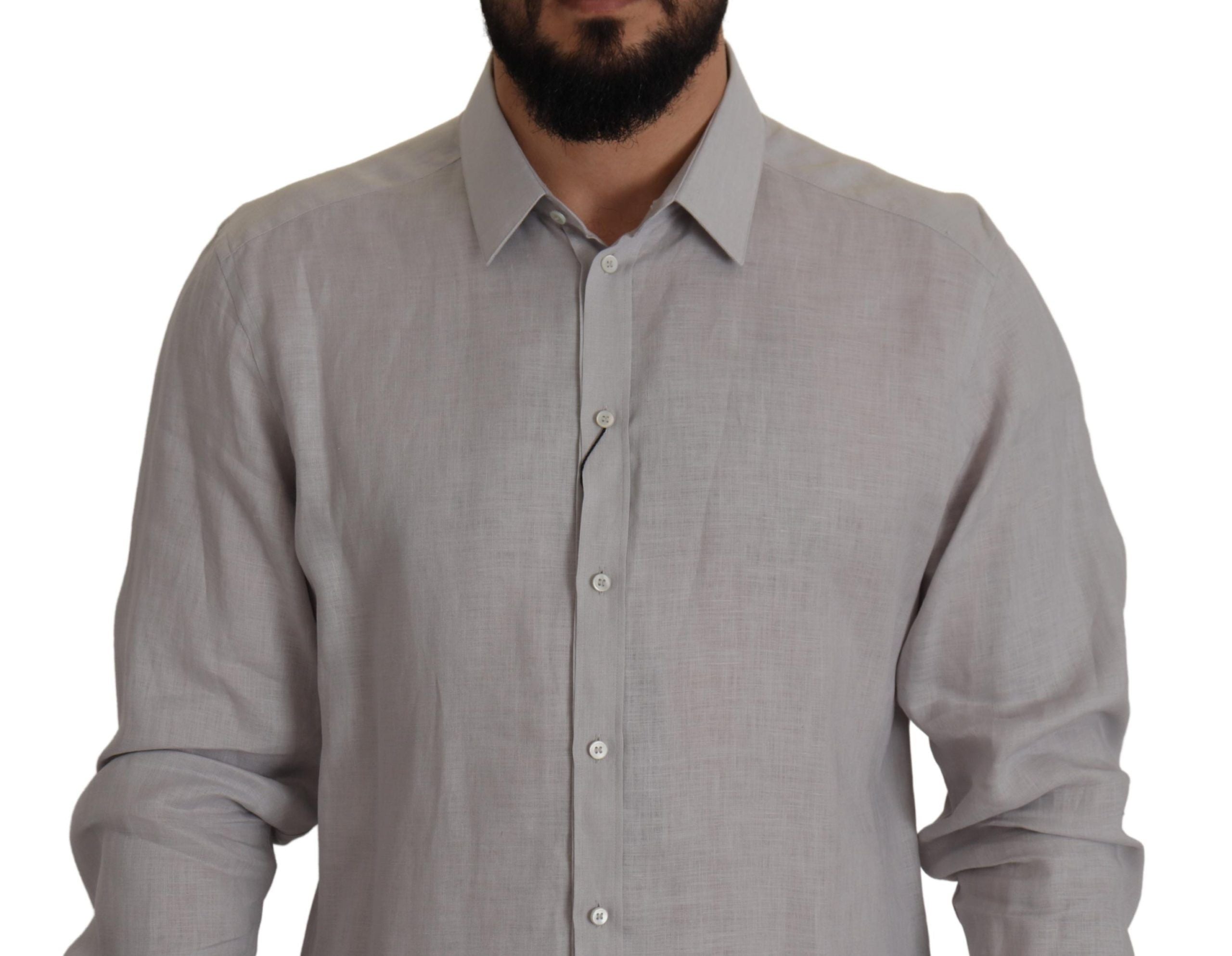Gray Linen Long Sleeves Formal GOLD Shirt - ventzia