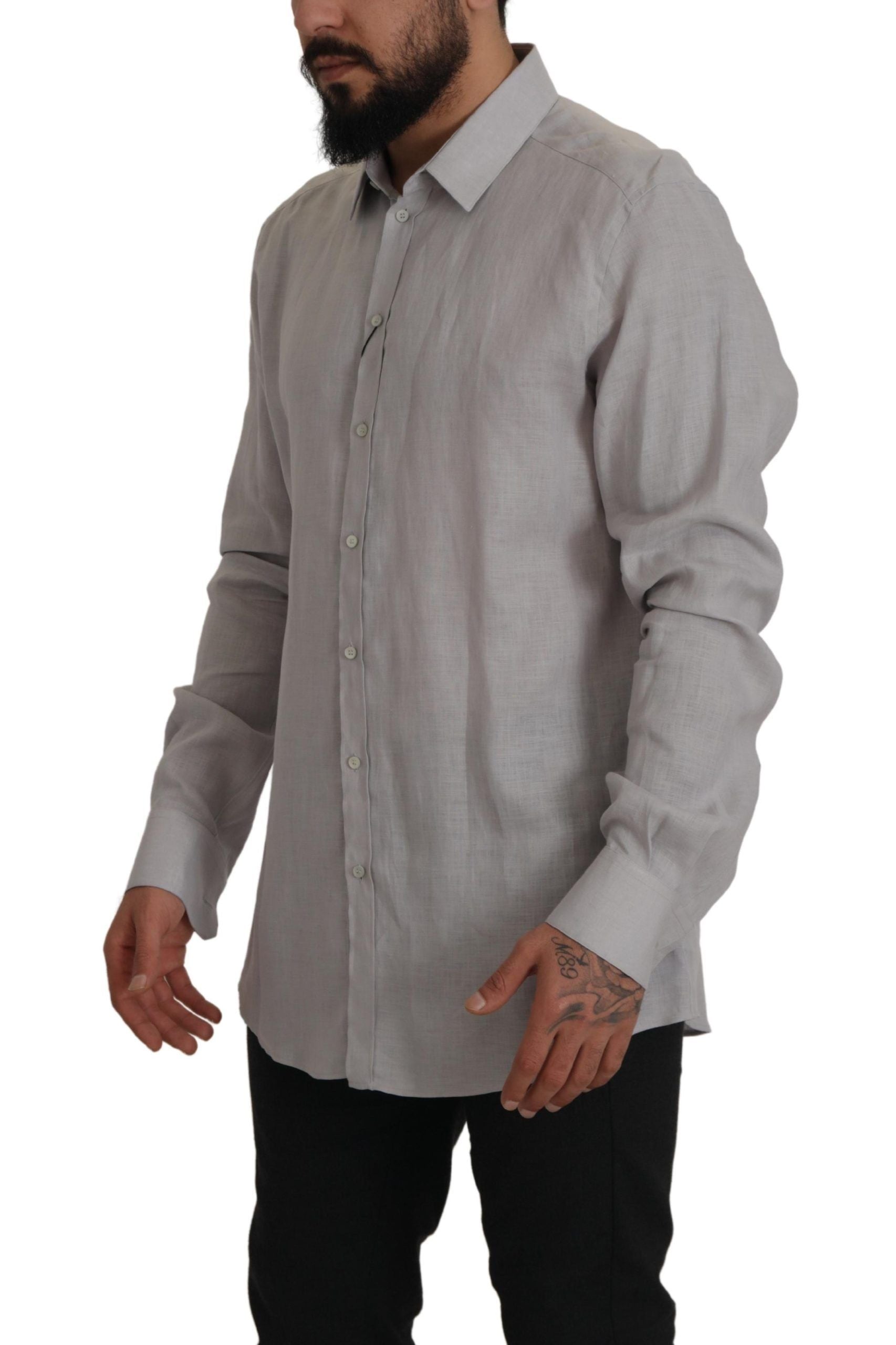 Gray Linen Long Sleeves Formal GOLD Shirt - ventzia