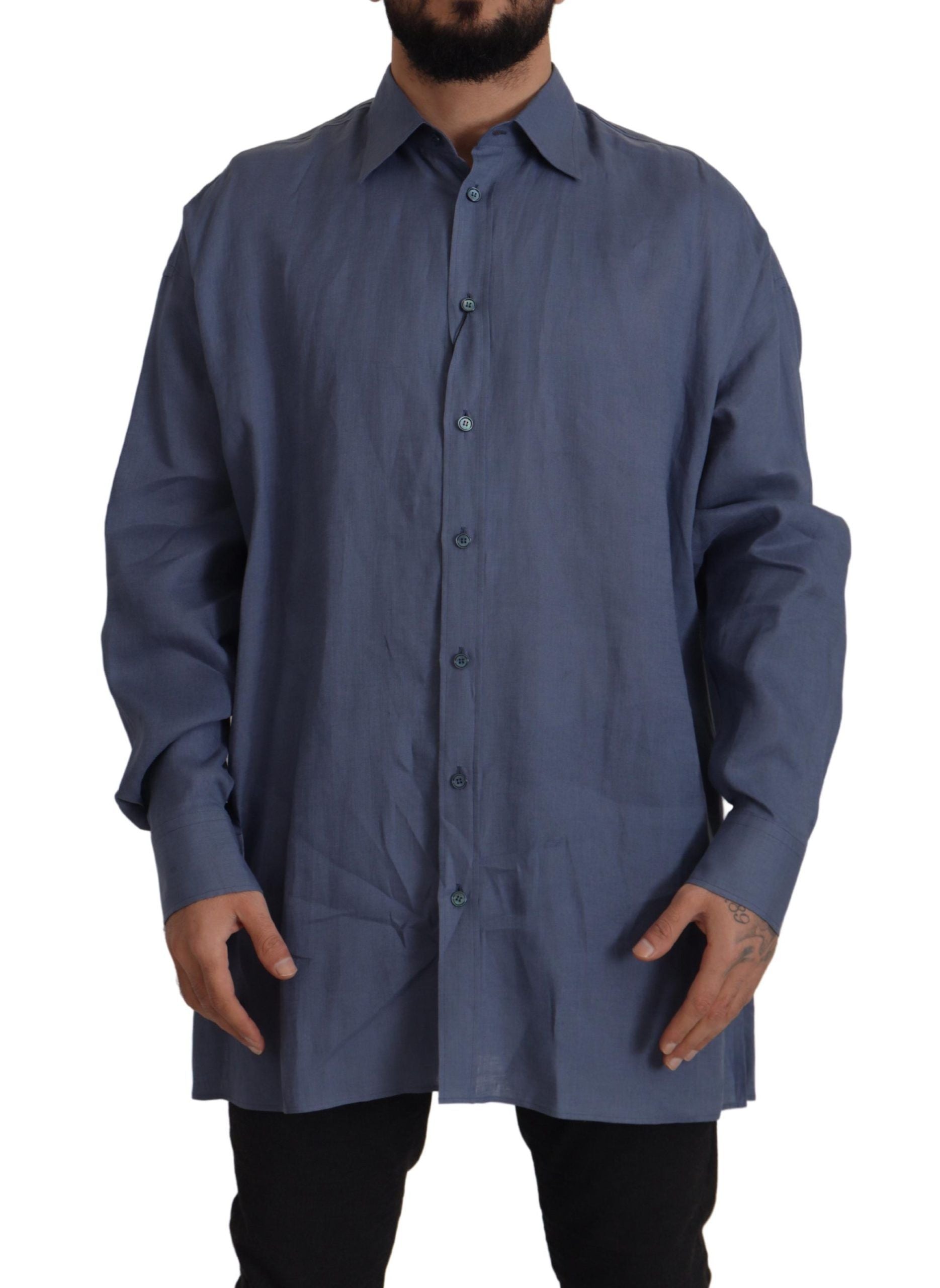 Dark Blue Linen Slim Fit Dress Formal Men Shirt - ventzia