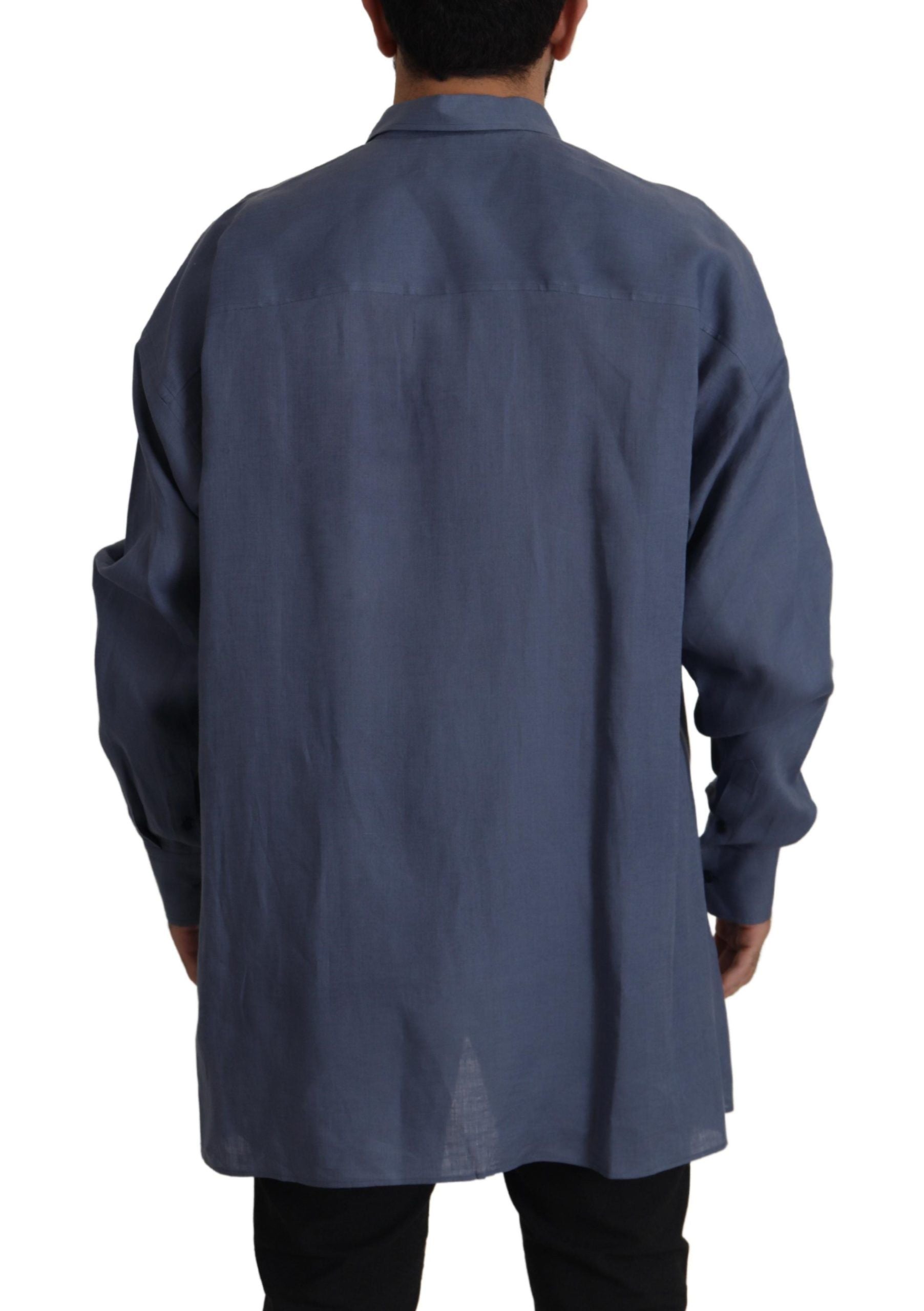 Dark Blue Linen Slim Fit Dress Formal Men Shirt - ventzia