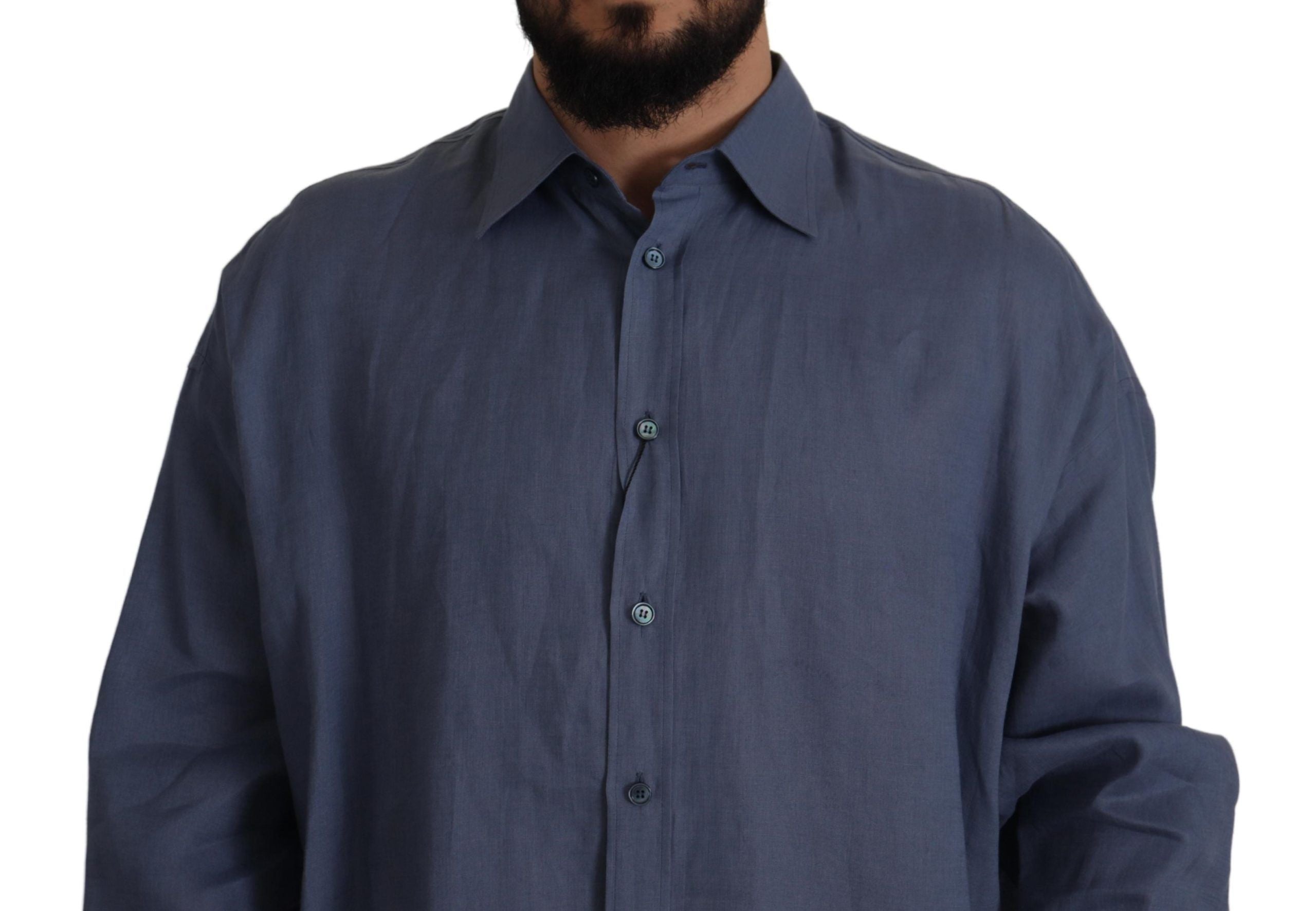 Dark Blue Linen Slim Fit Dress Formal Men Shirt - ventzia
