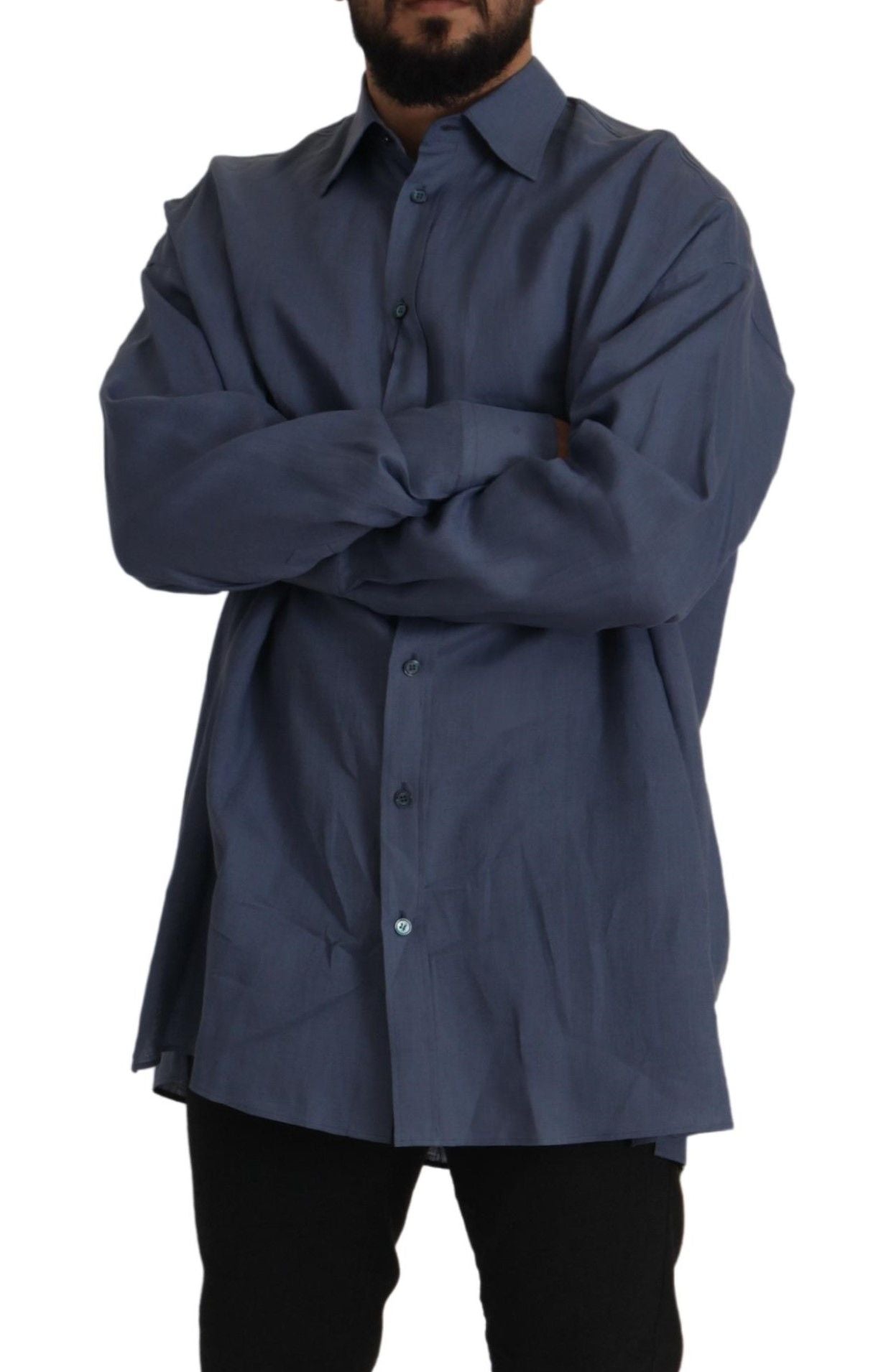Dark Blue Linen Slim Fit Dress Formal Men Shirt - ventzia