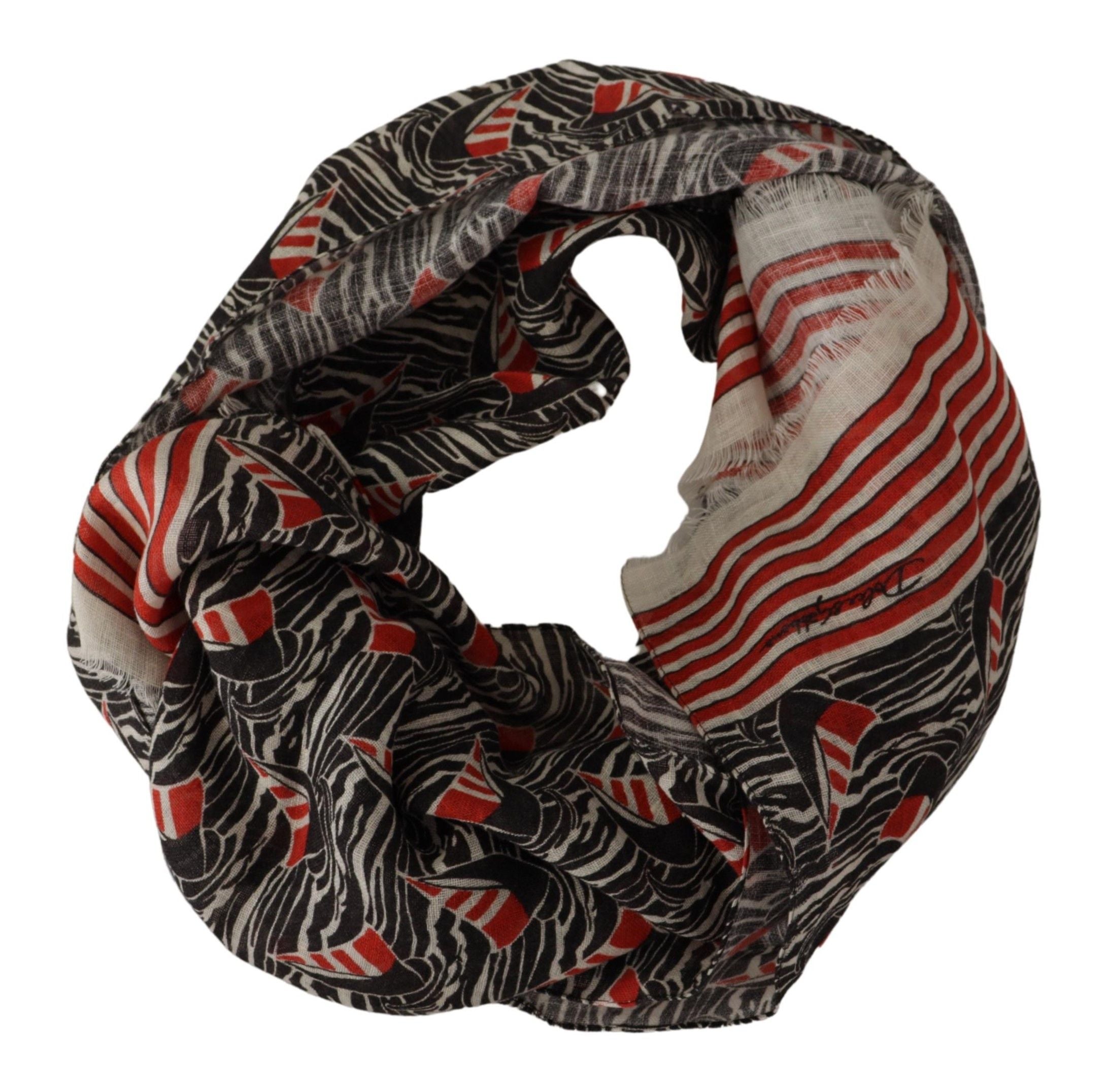 Black Red Linen Sailboat Stripe Print Shawl Scarf - ventzia