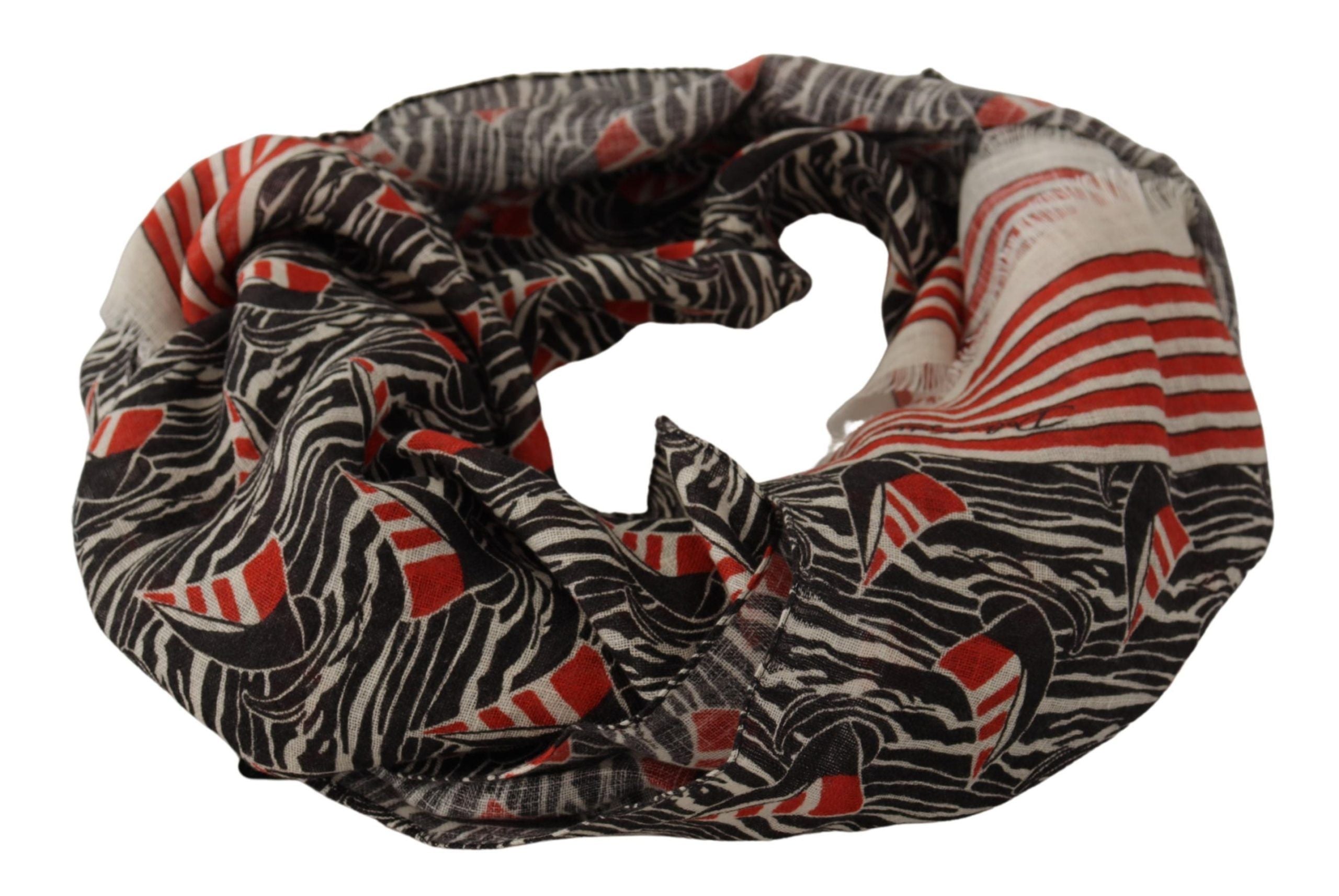 Black Red Linen Sailboat Stripe Print Shawl Scarf - ventzia
