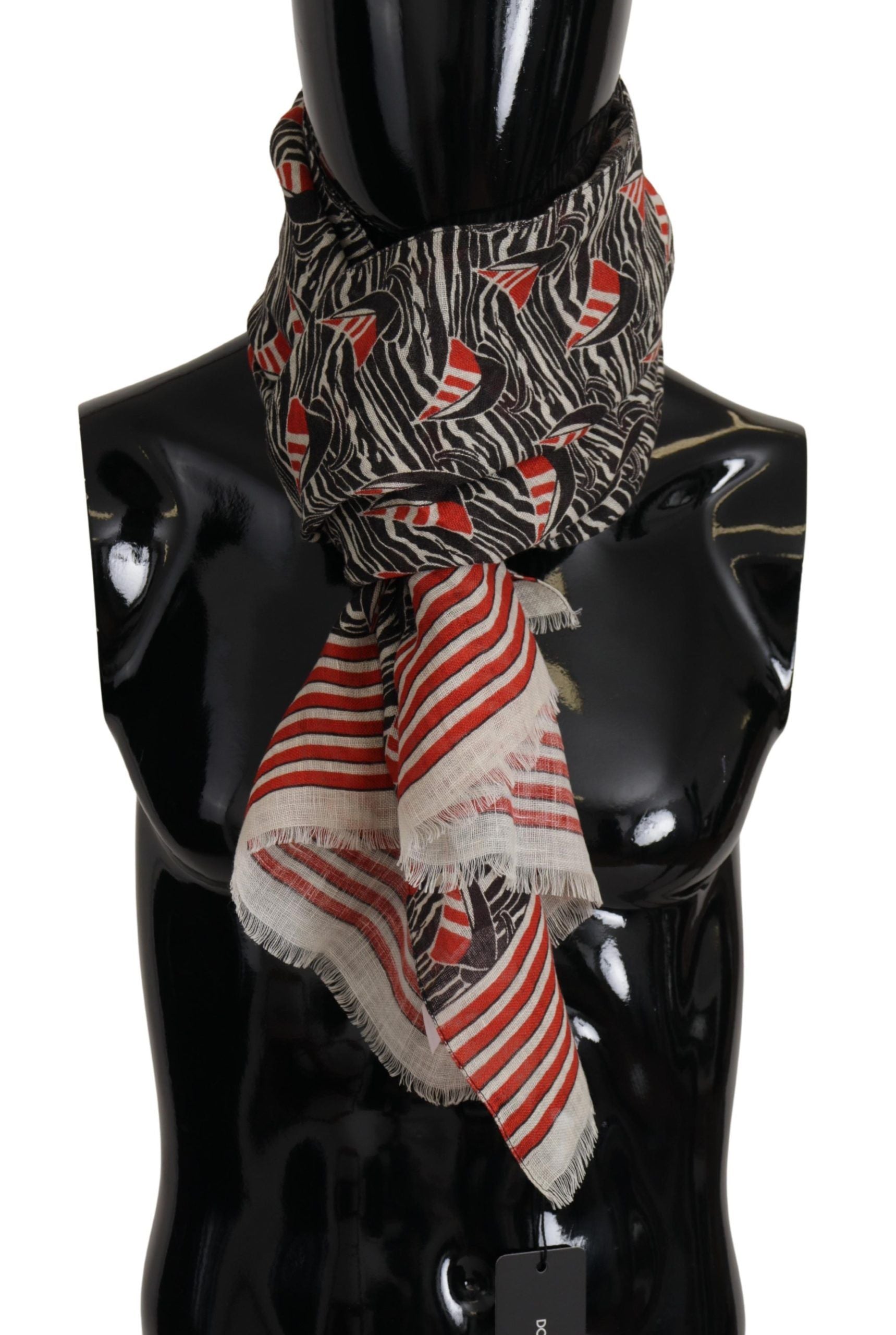 Black Red Linen Sailboat Stripe Print Shawl Scarf - ventzia