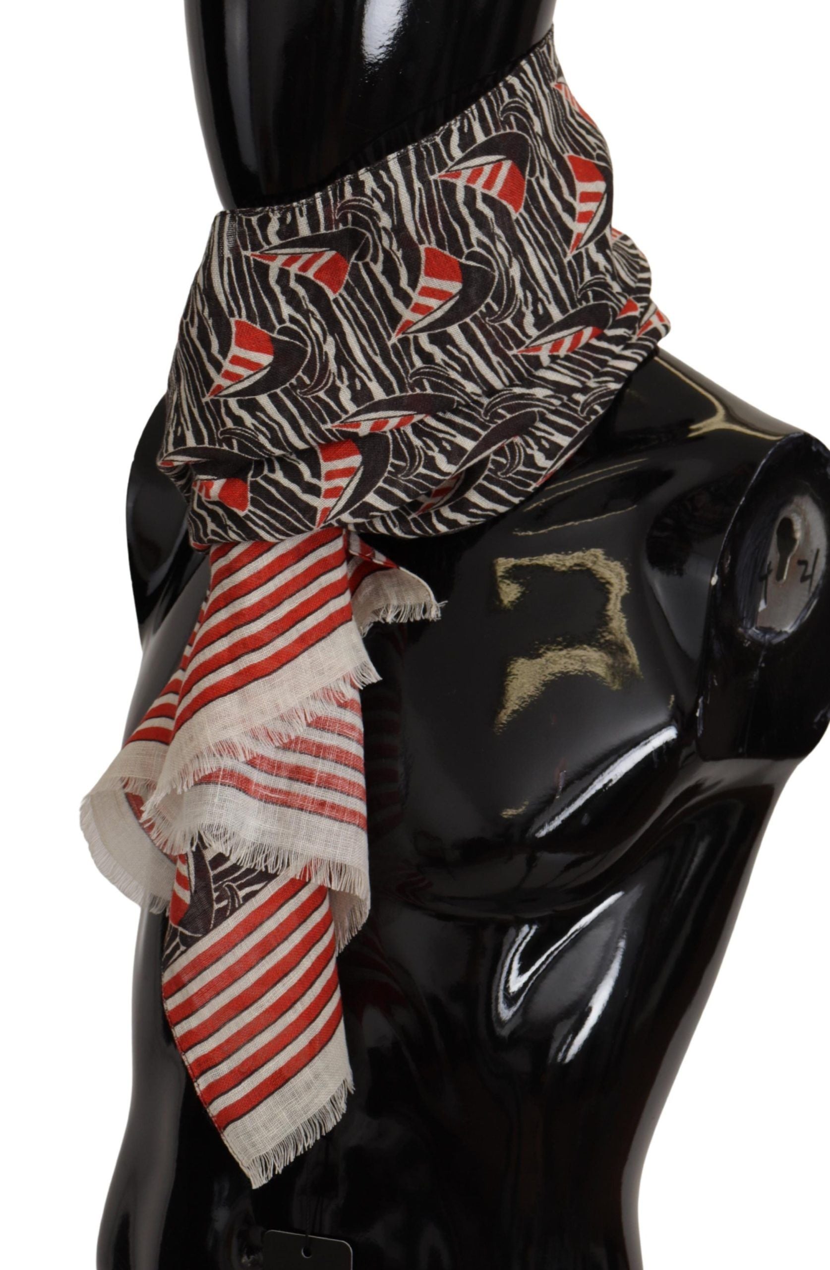 Black Red Linen Sailboat Stripe Print Shawl Scarf - ventzia