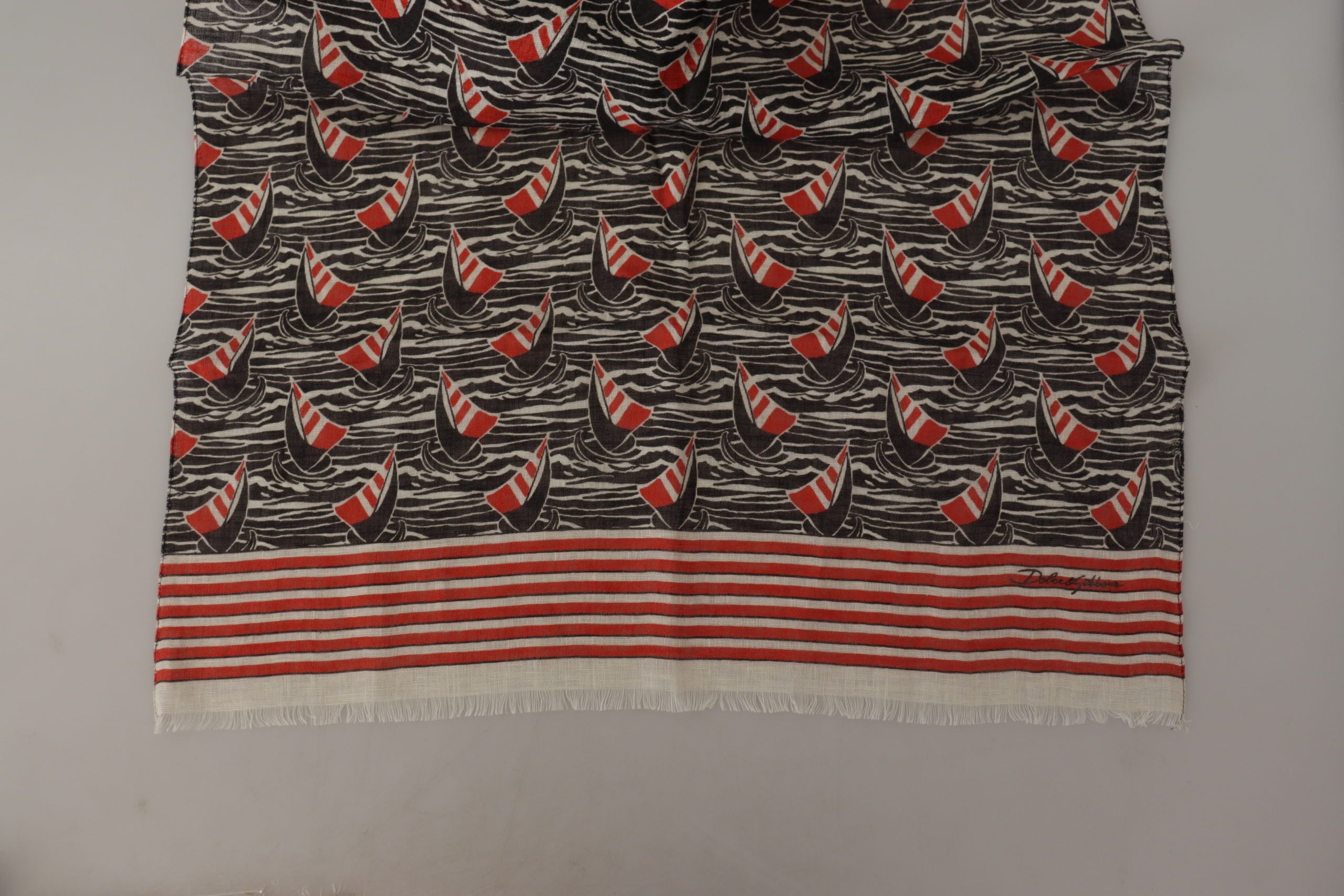 Black Red Linen Sailboat Stripe Print Shawl Scarf - ventzia