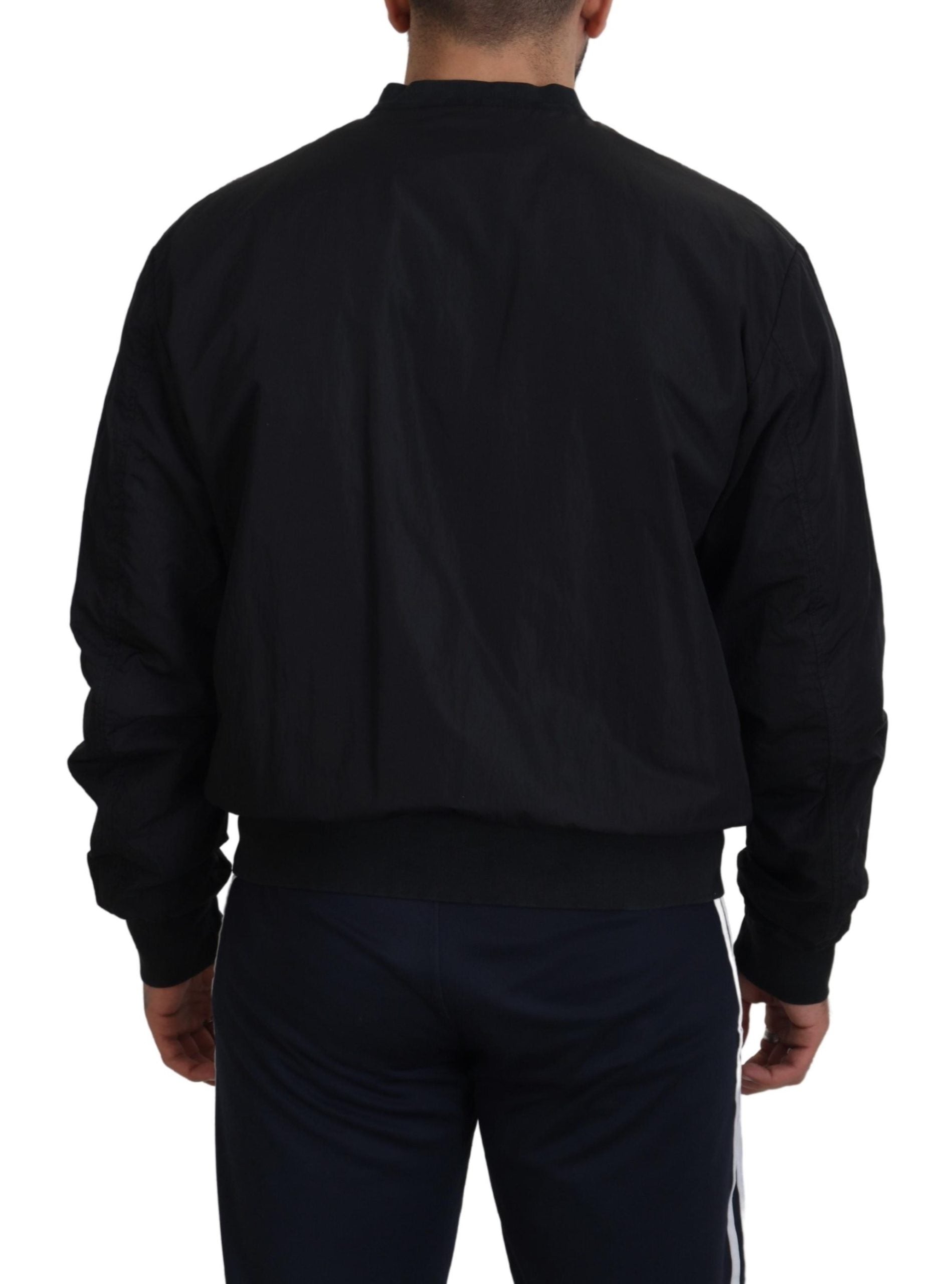 Black Nylon Logo Bomber Zipper Jacket - ventzia