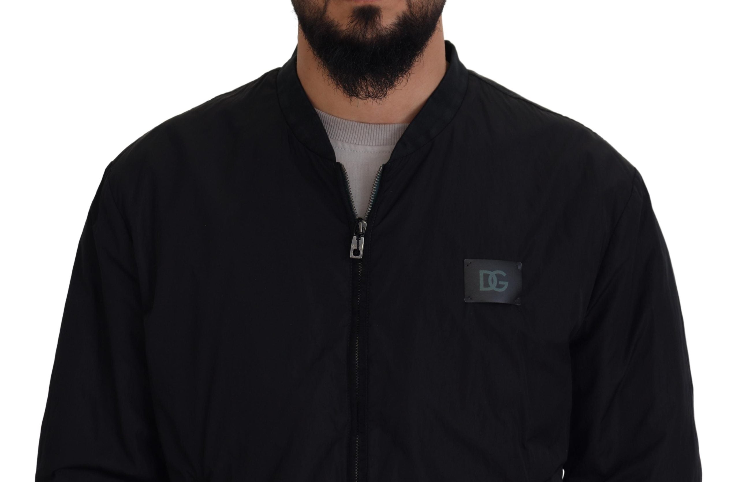 Black Nylon Logo Bomber Zipper Jacket - ventzia