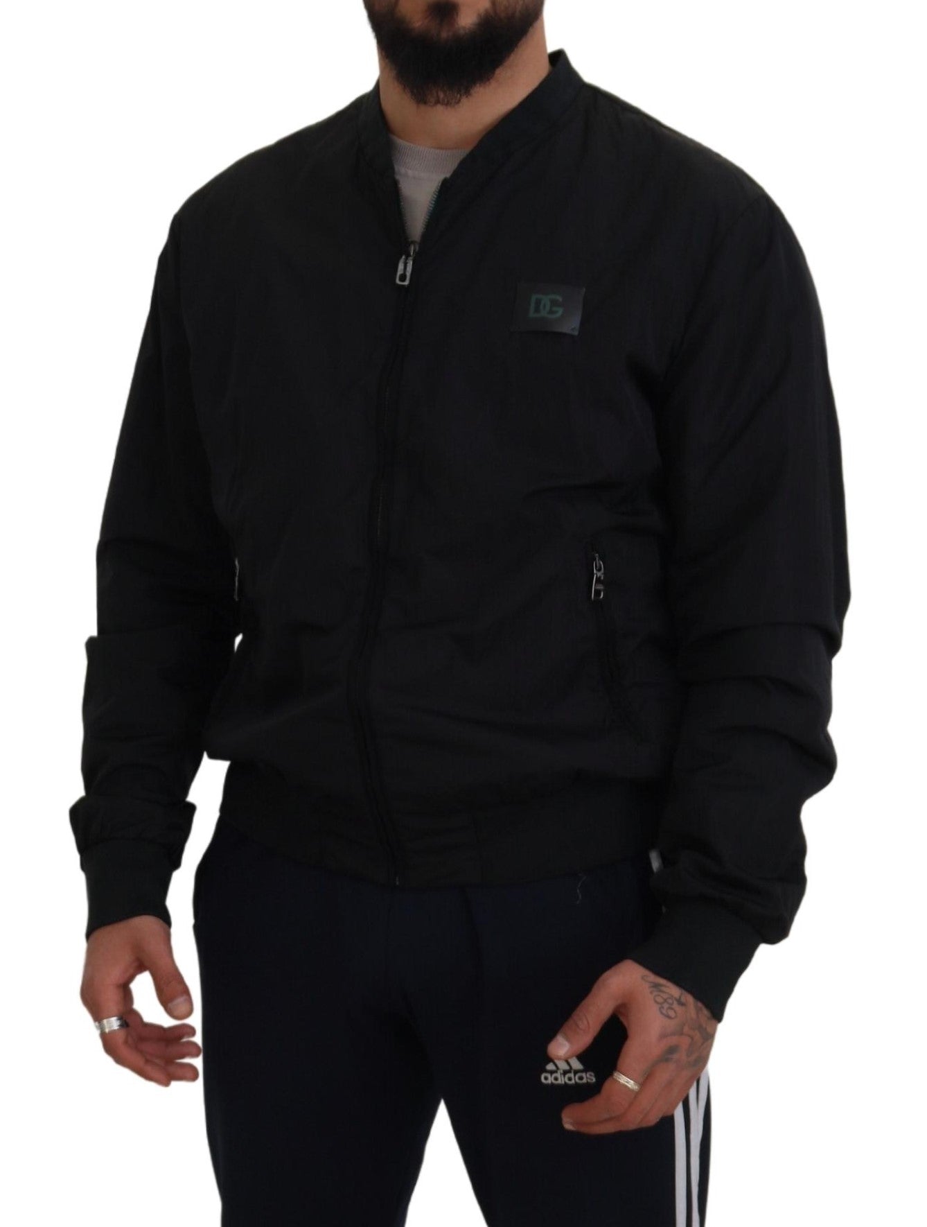 Black Nylon Logo Bomber Zipper Jacket - ventzia