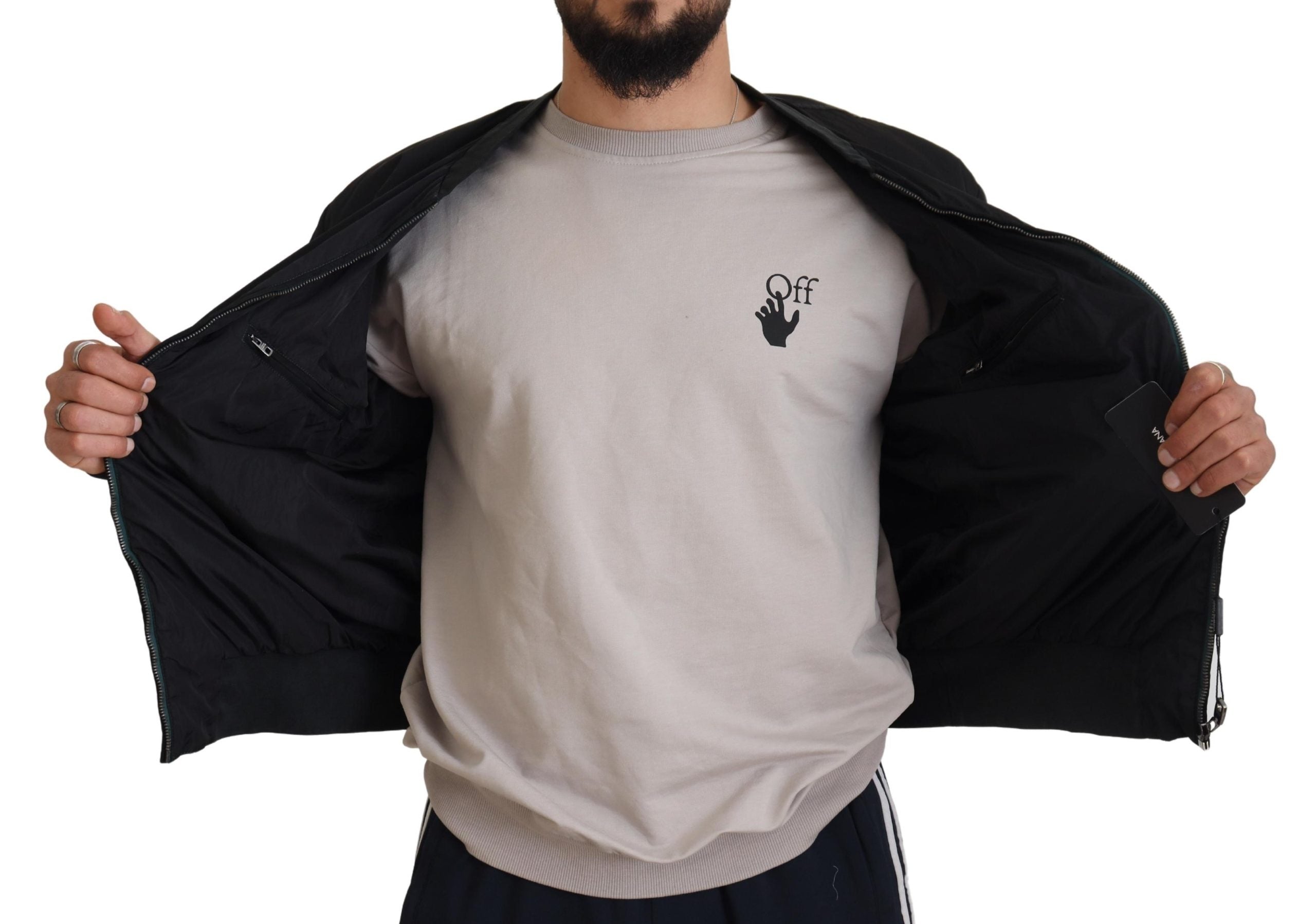 Black Nylon Logo Bomber Zipper Jacket - ventzia