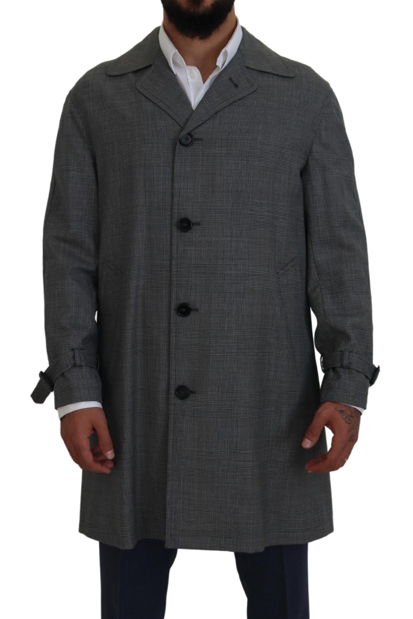Gray Wool Plaid Long Trench Coat Jacket Trench Coat Jacket - ventzia