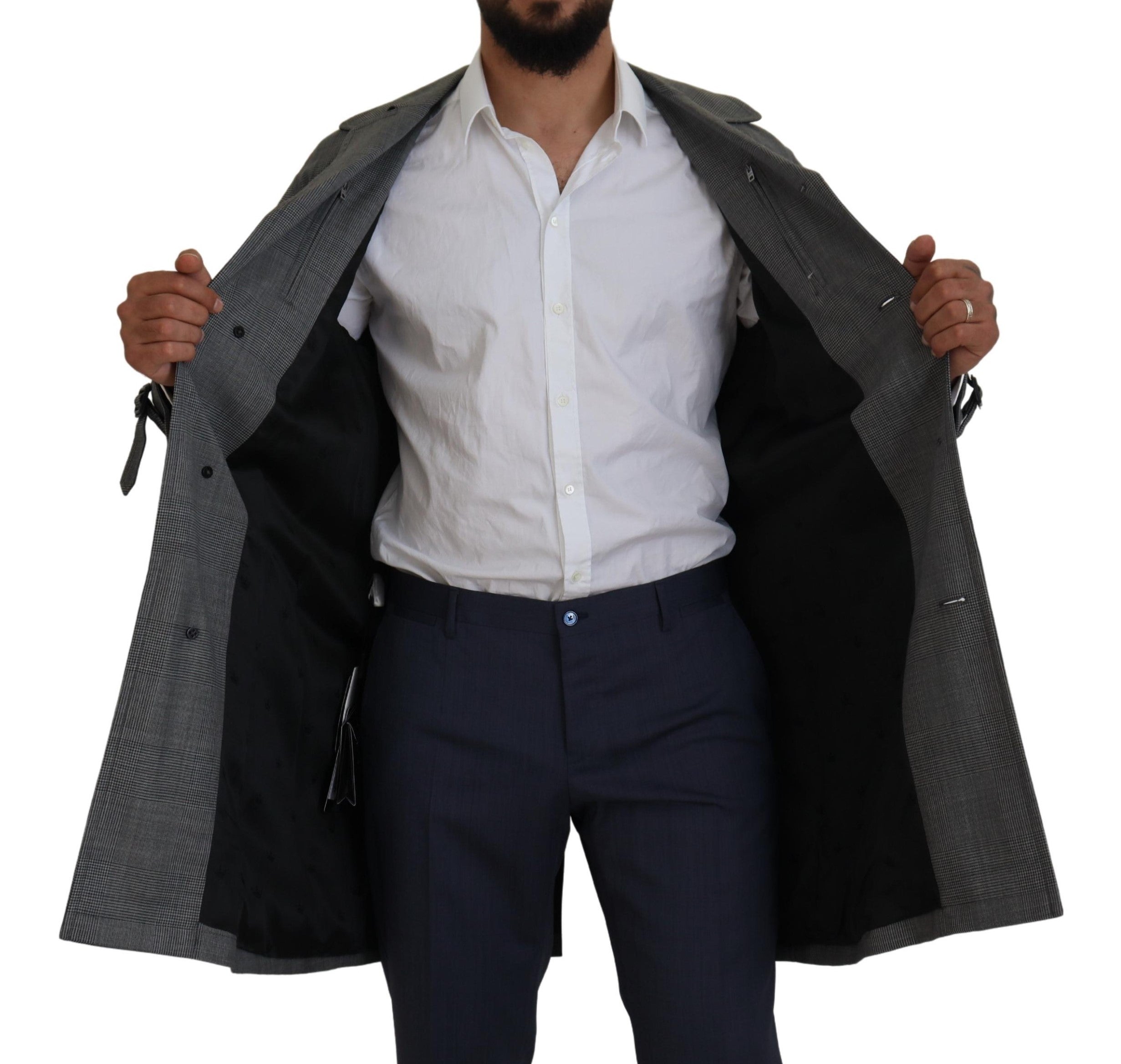 Gray Wool Plaid Long Trench Coat Jacket Trench Coat Jacket - ventzia