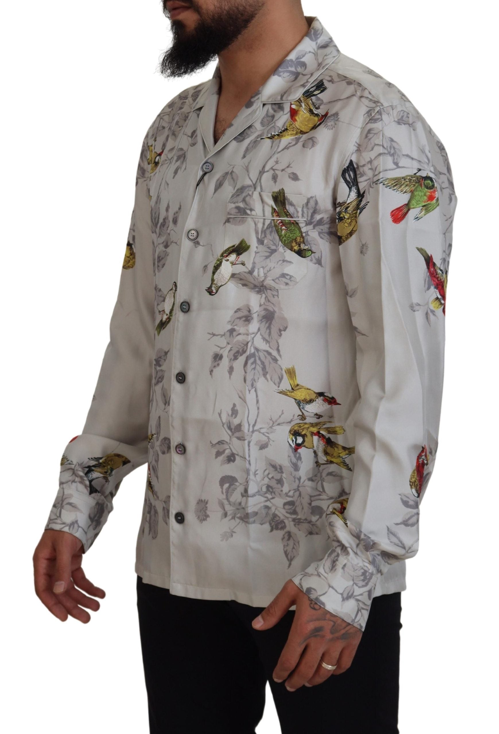 White Bird Print Silk Satin Casual Shirt - ventzia