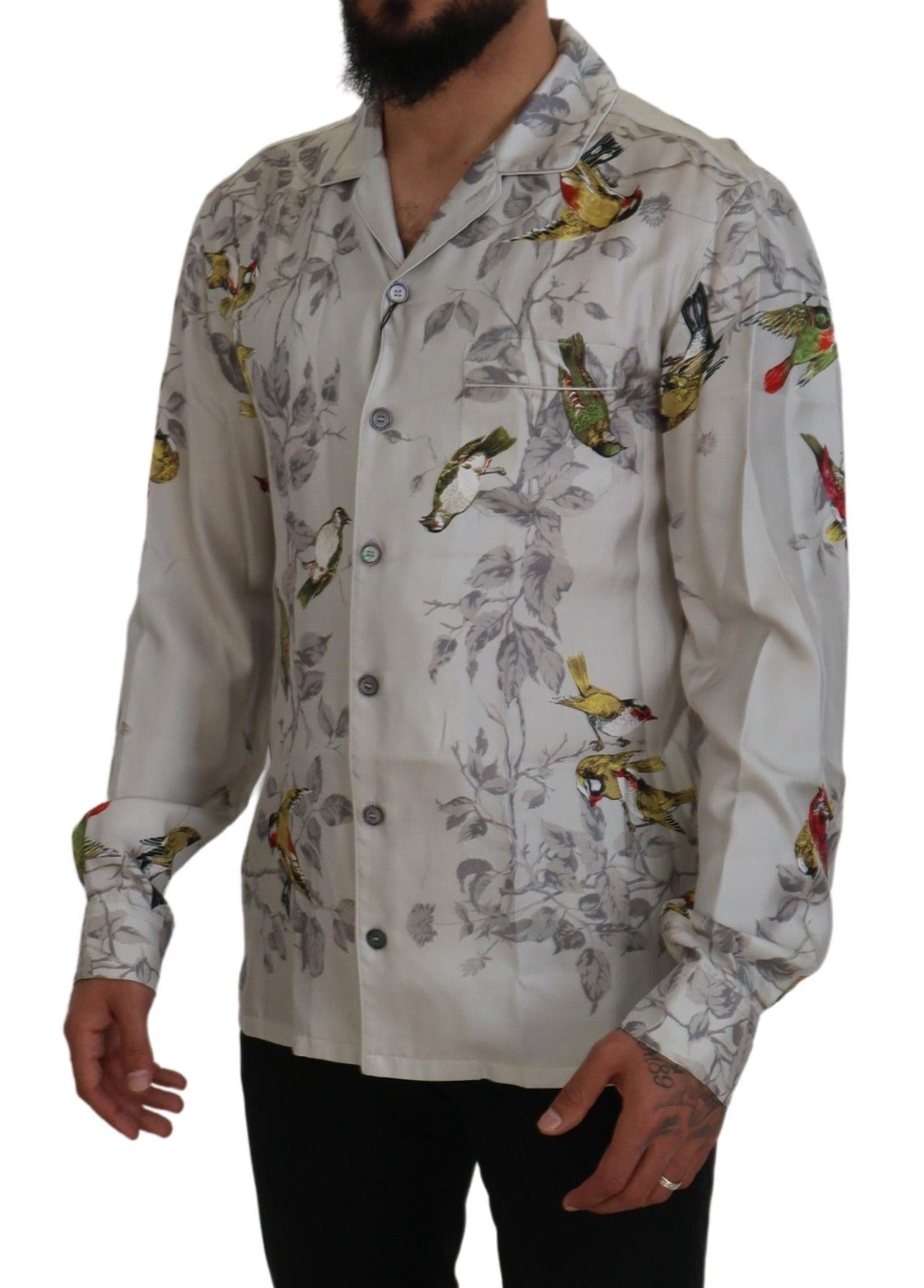 White Bird Print Silk Satin Casual Shirt - ventzia