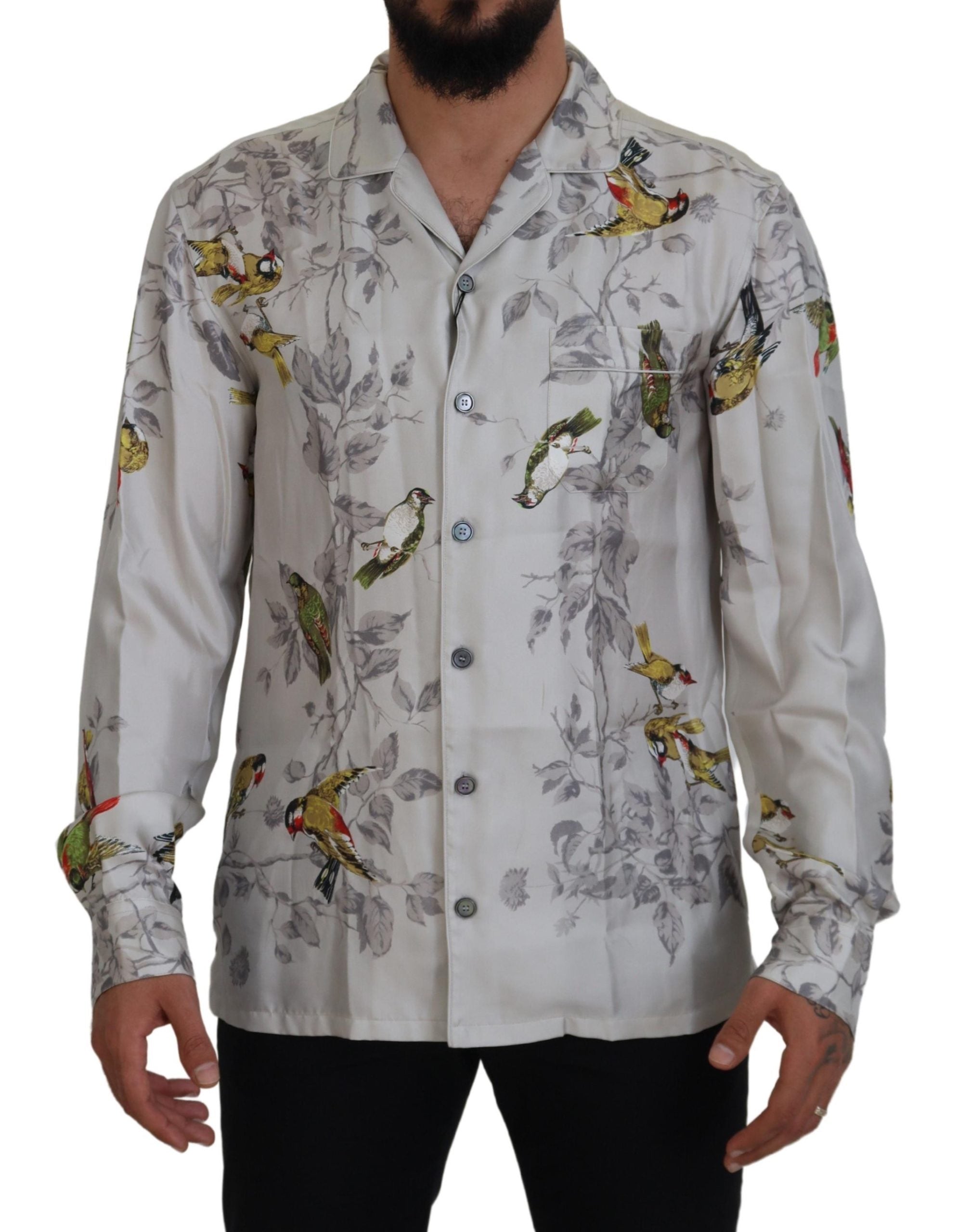 White Bird Print Silk Satin Casual Shirt - ventzia