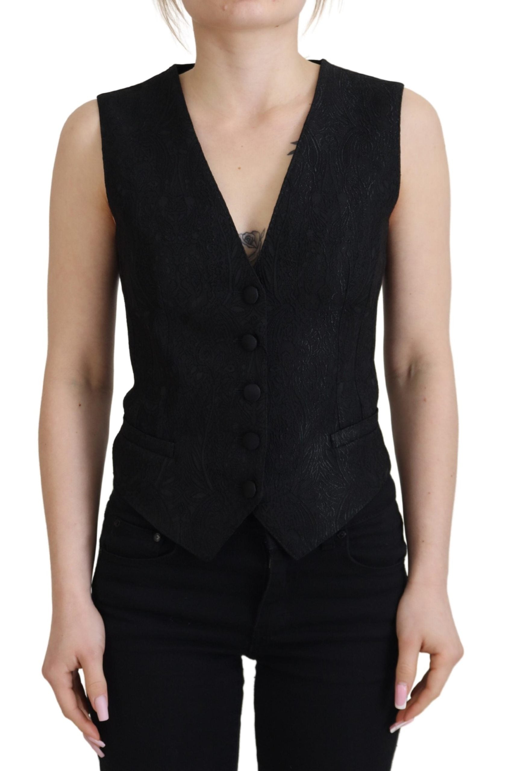 Black Brocade Button Down Sleeveless Vest Top - ventzia