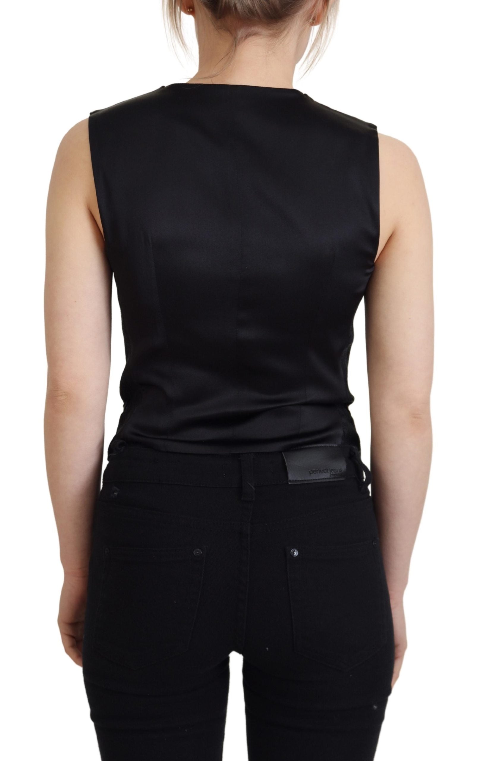 Black Brocade Button Down Sleeveless Vest Top - ventzia