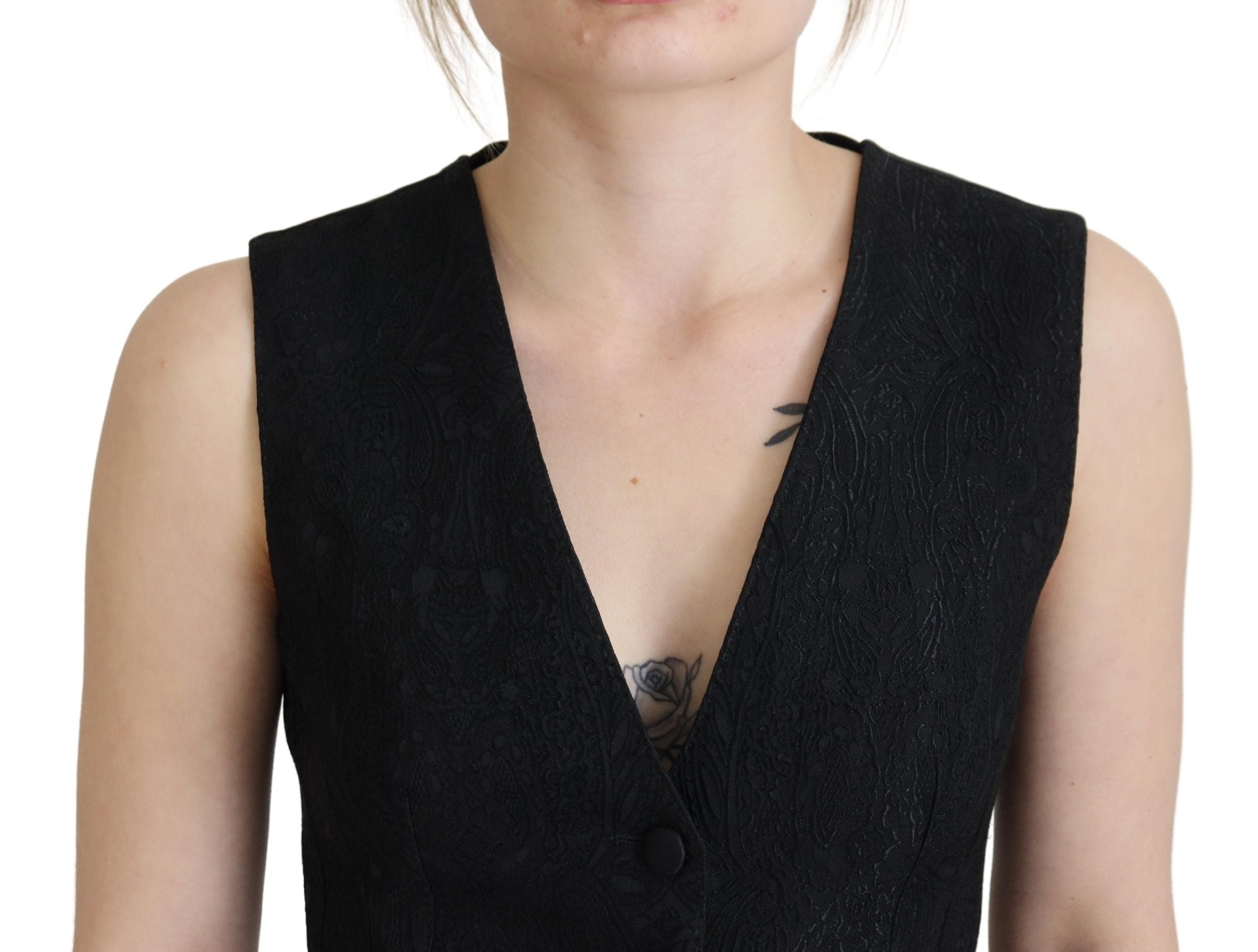 Black Brocade Button Down Sleeveless Vest Top - ventzia