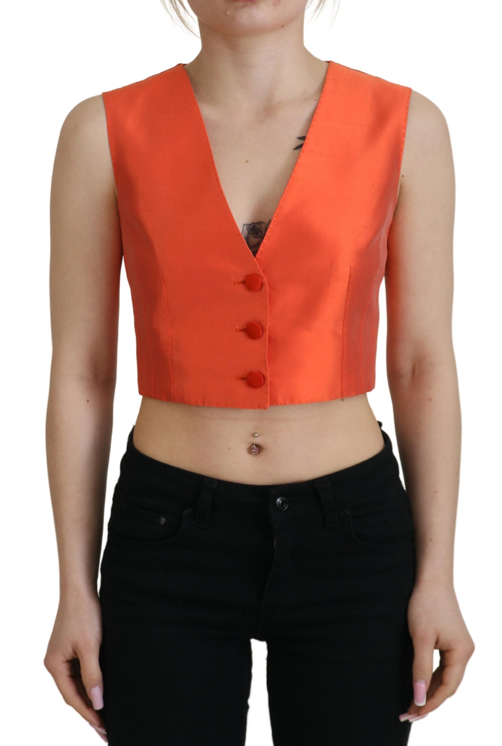 Orange Sleeveless Waistcoat Cropped Vest Top - ventzia