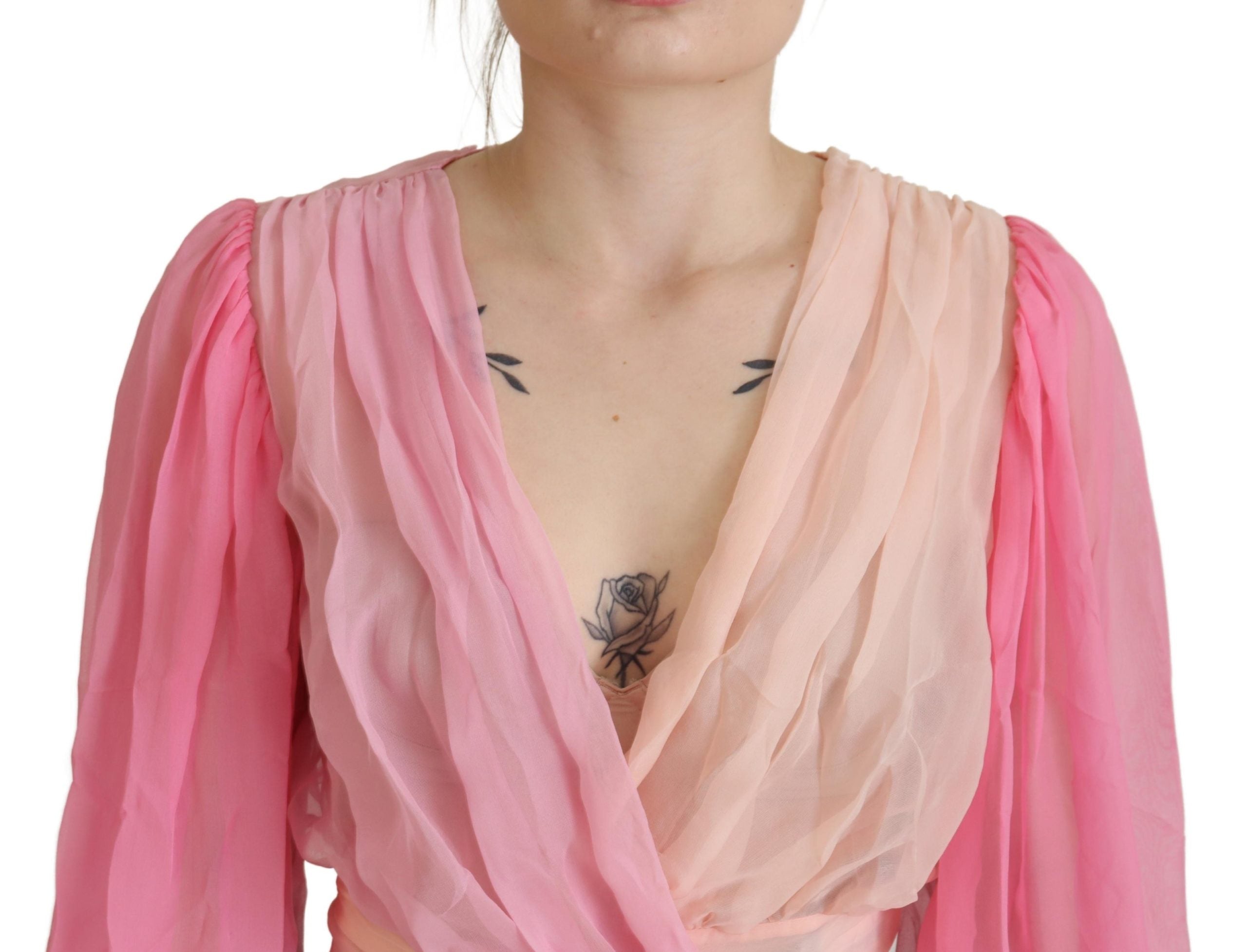 Pink Silk Wrap Long Sleeves Blouse Top - ventzia