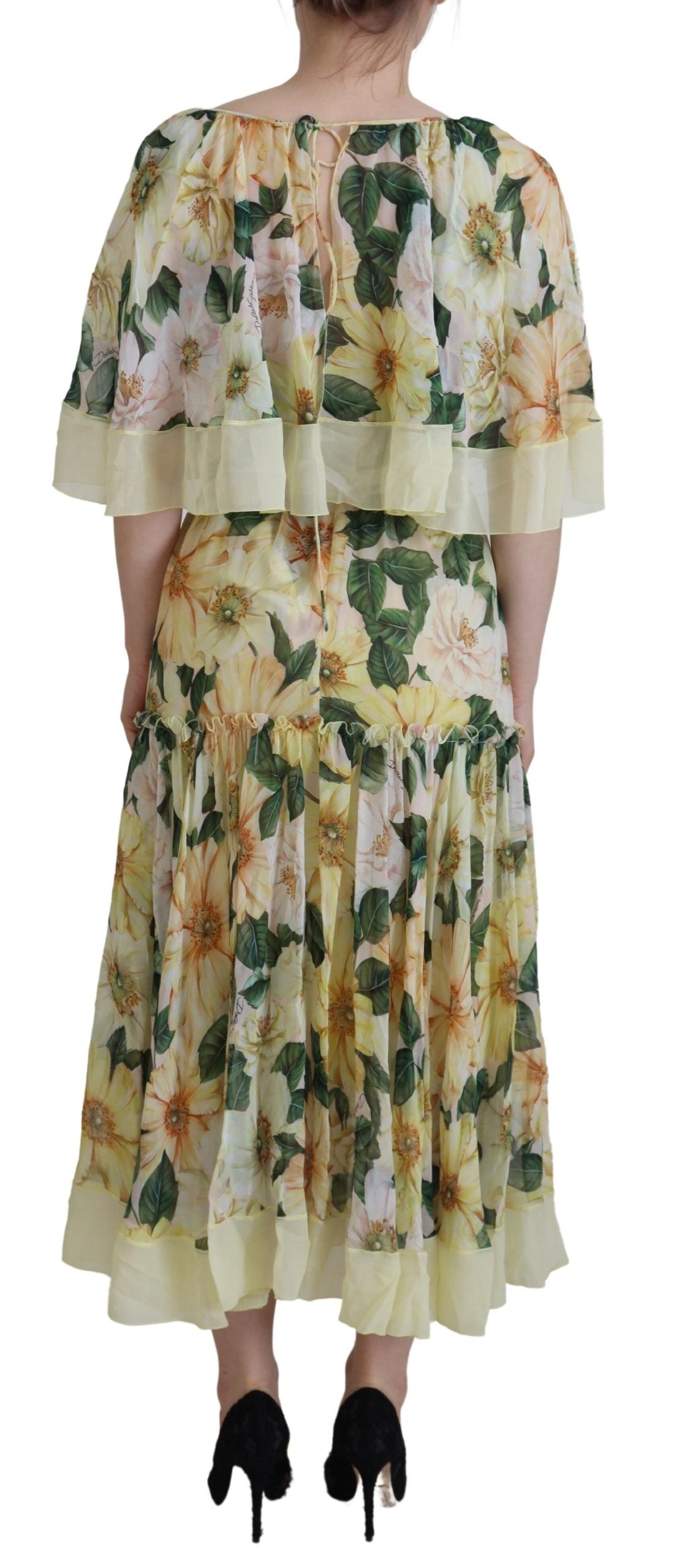 Yellow Floral Print Pleated Maxi Silk Dress - ventzia