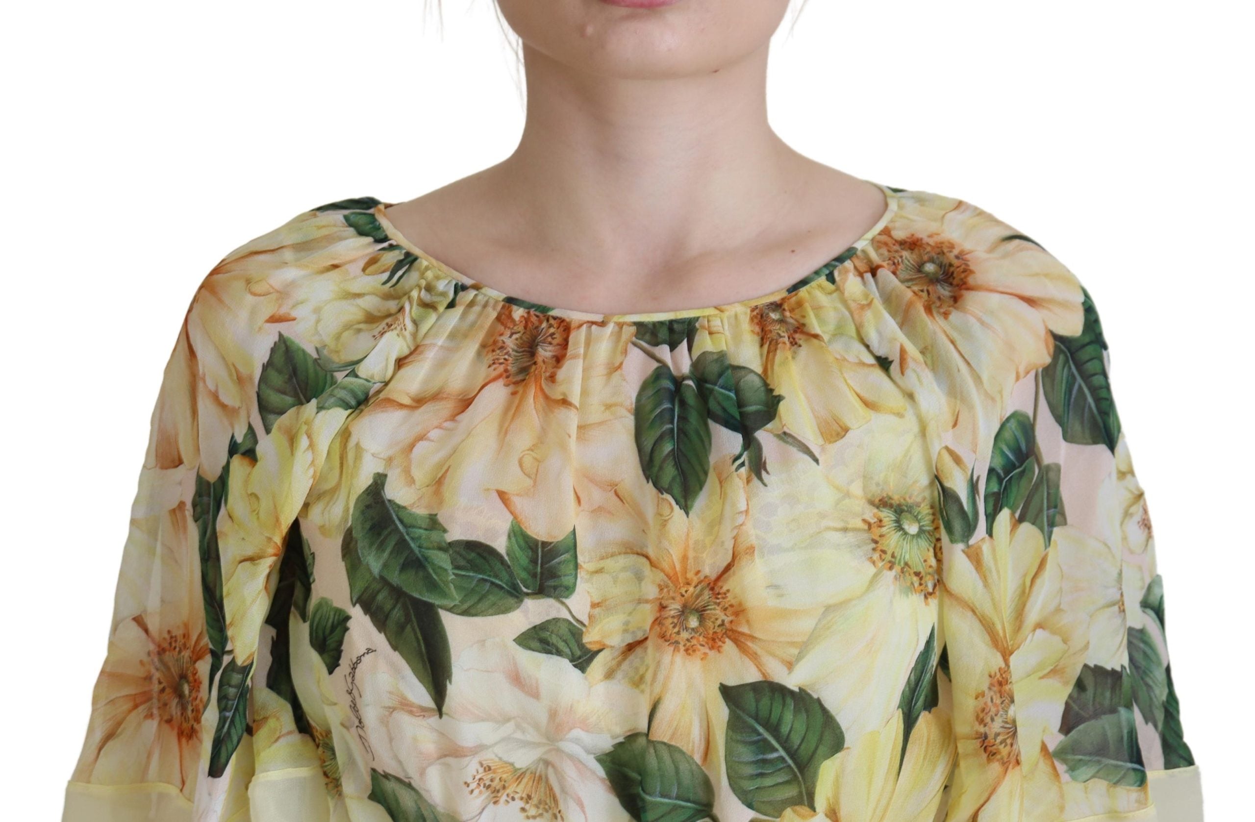 Yellow Floral Print Pleated Maxi Silk Dress - ventzia