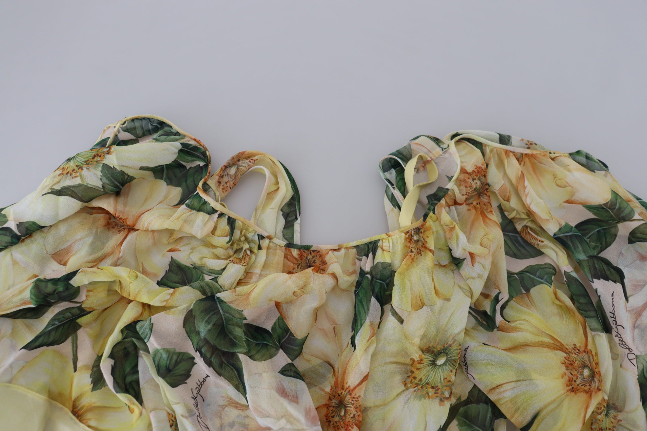 Yellow Floral Print Pleated Maxi Silk Dress - ventzia