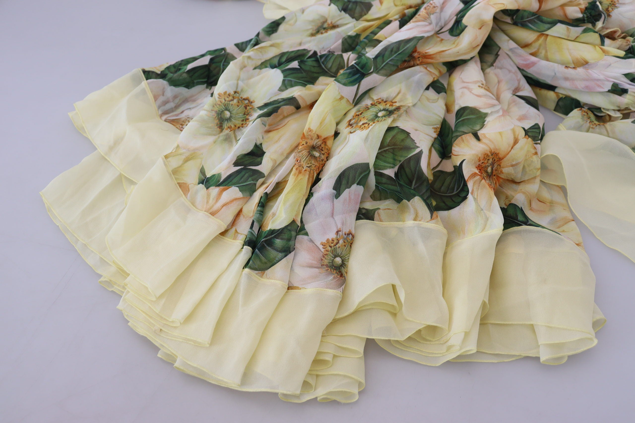 Yellow Floral Print Pleated Maxi Silk Dress - ventzia