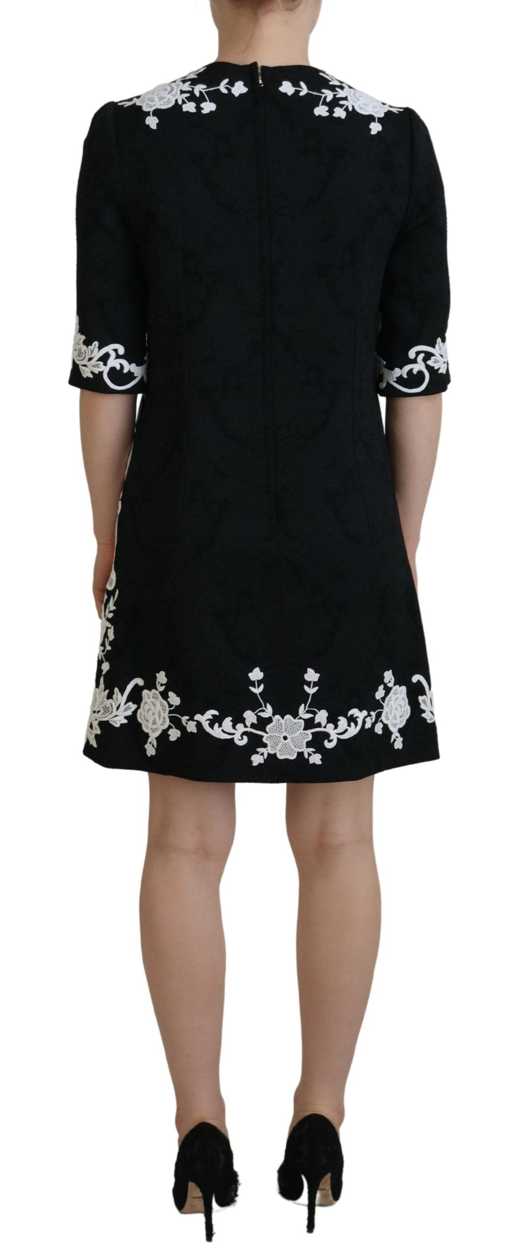 Black Lace Trim Half Sleeves A-line Dress - ventzia