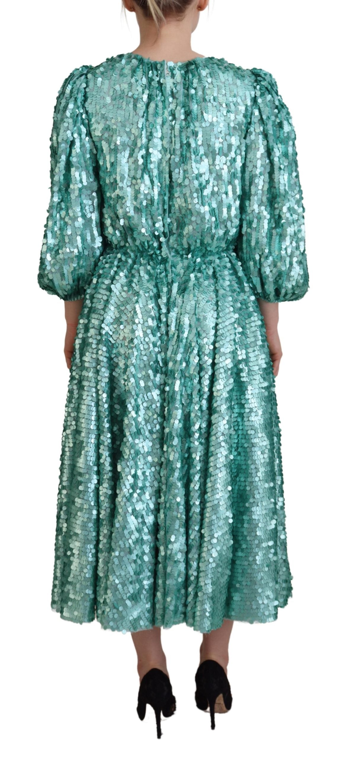 Blue Sequined Pleated Aline Midi Nylon Dress - ventzia