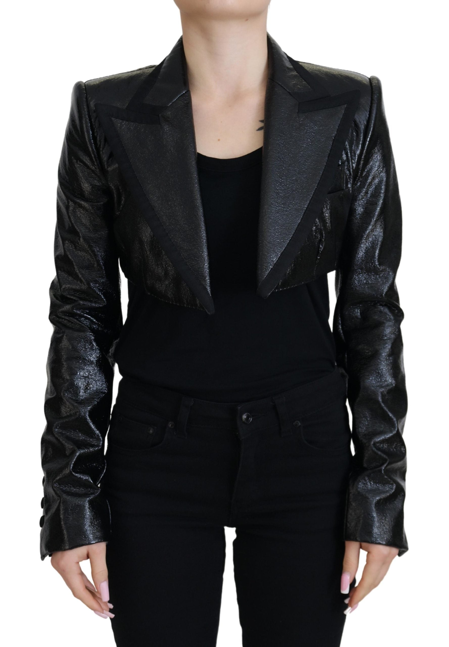 Black Long Sleeves Crop Blazer Cotton Jacket - ventzia