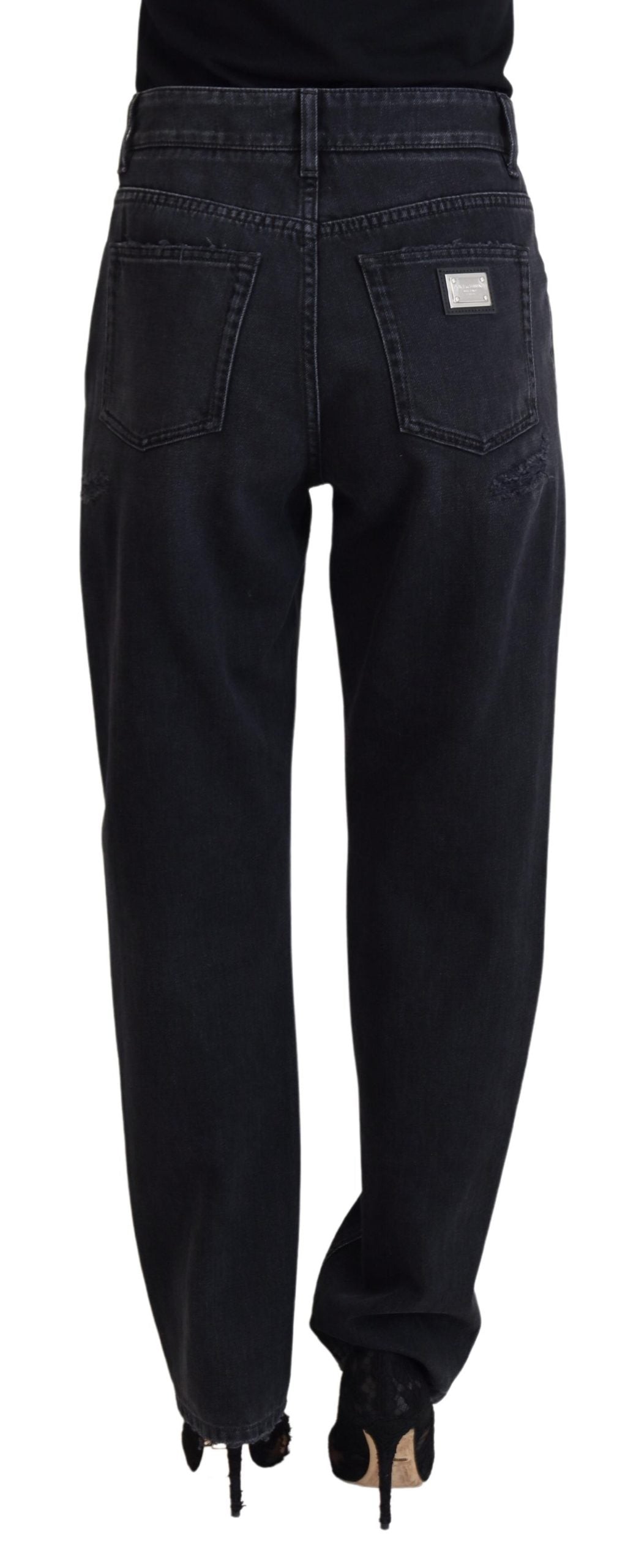Black Cotton Tattered High Waist Denim Jeans - ventzia