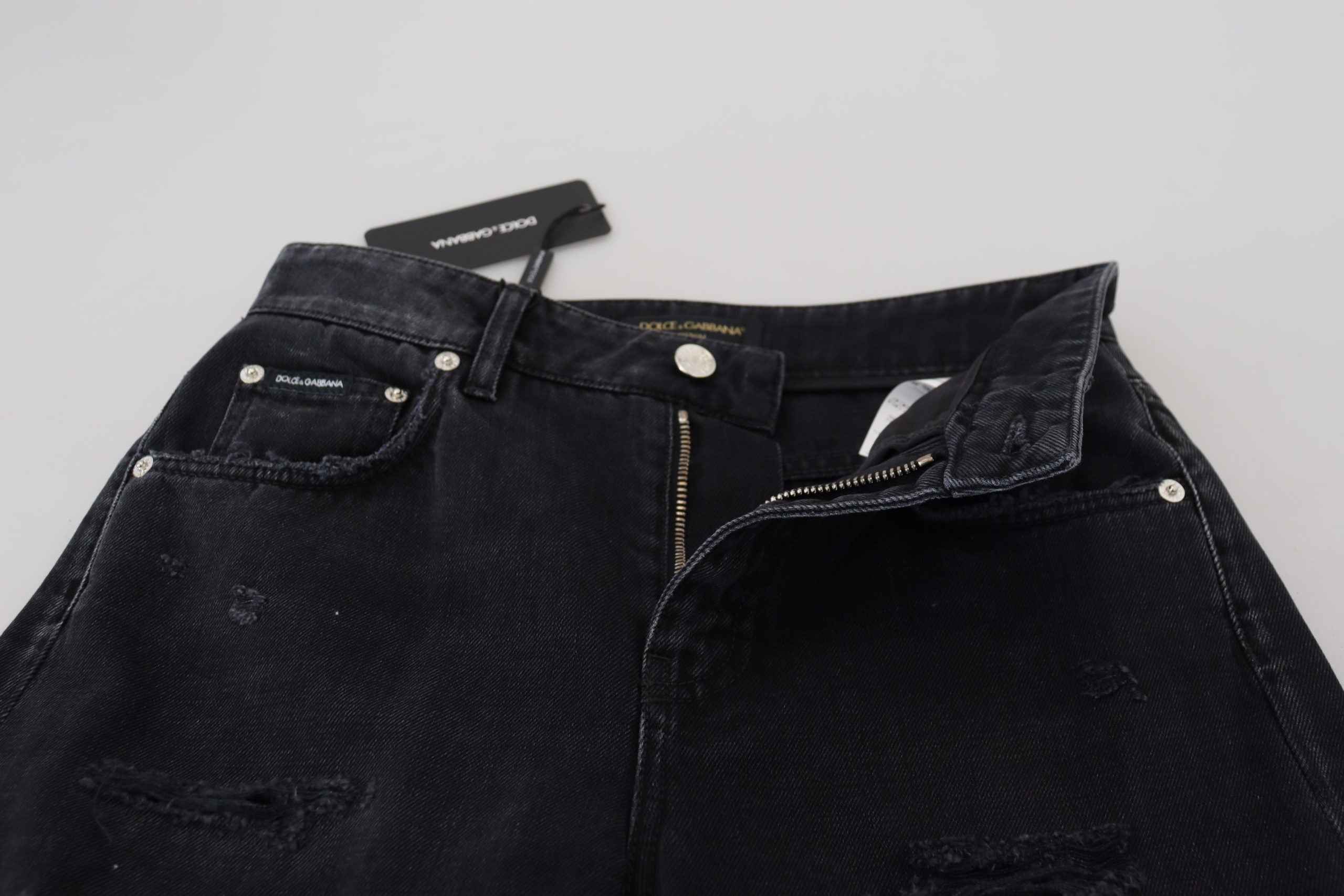 Black Cotton Tattered High Waist Denim Jeans - ventzia