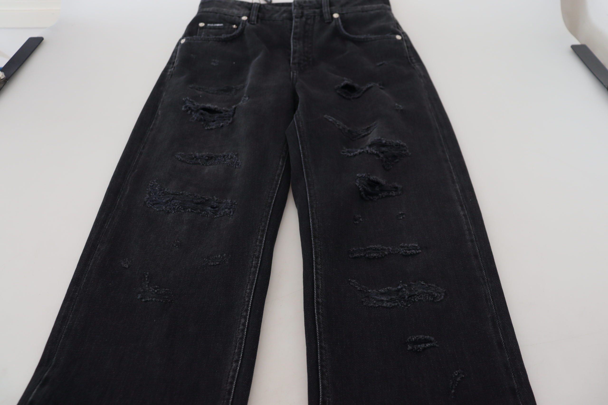 Black Cotton Tattered High Waist Denim Jeans - ventzia