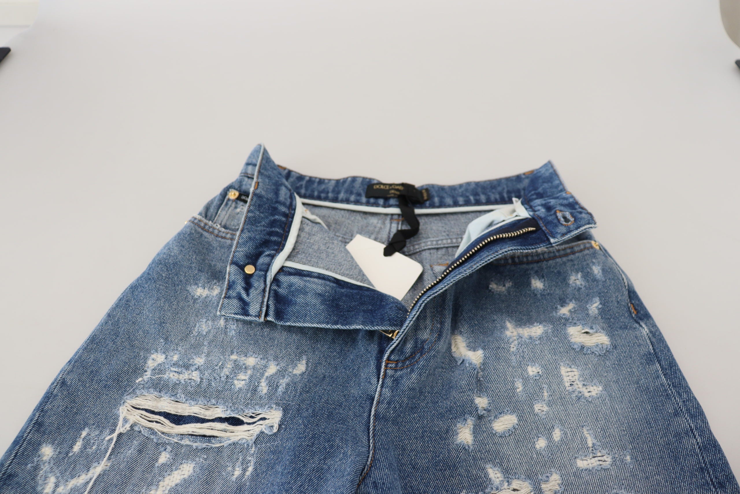 Blue Washed Cotton Tattered Denim Jeans - ventzia