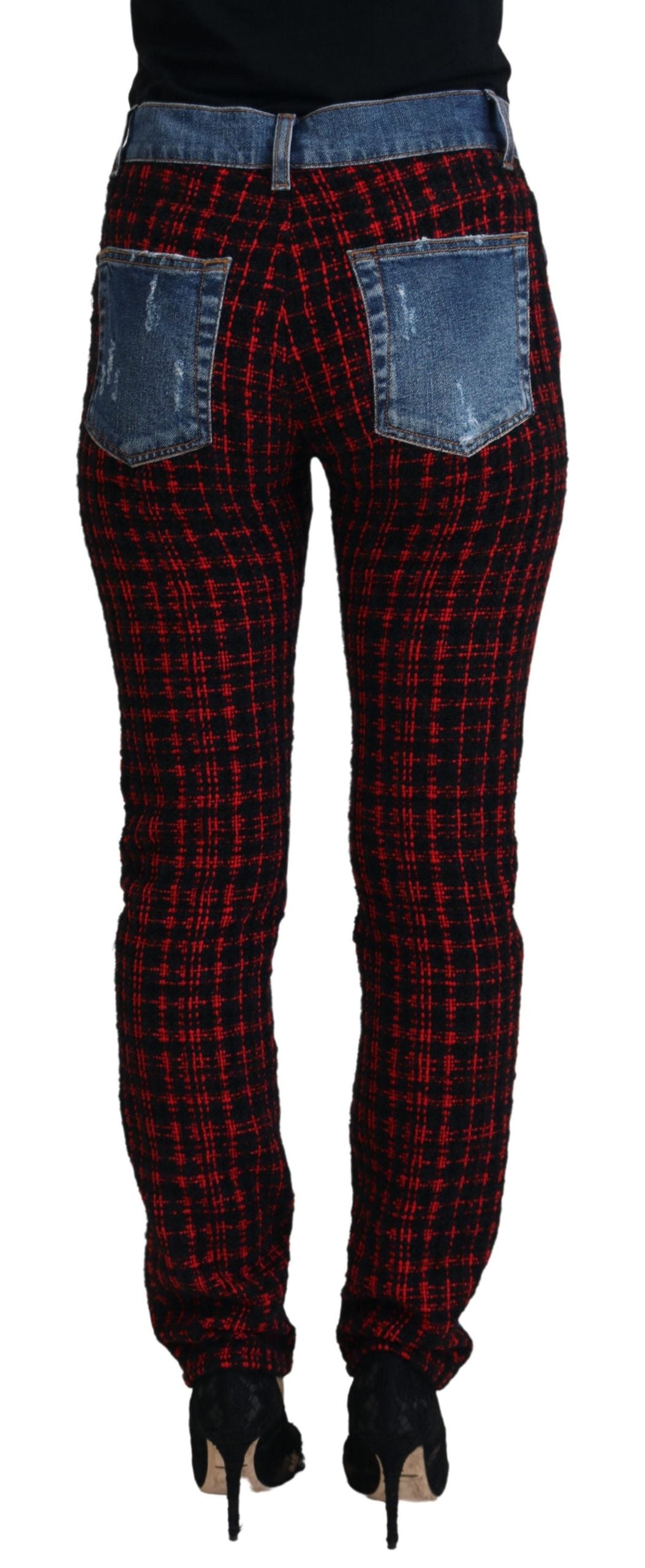 Blue Checkered Back Skinny Denim Jeans - ventzia