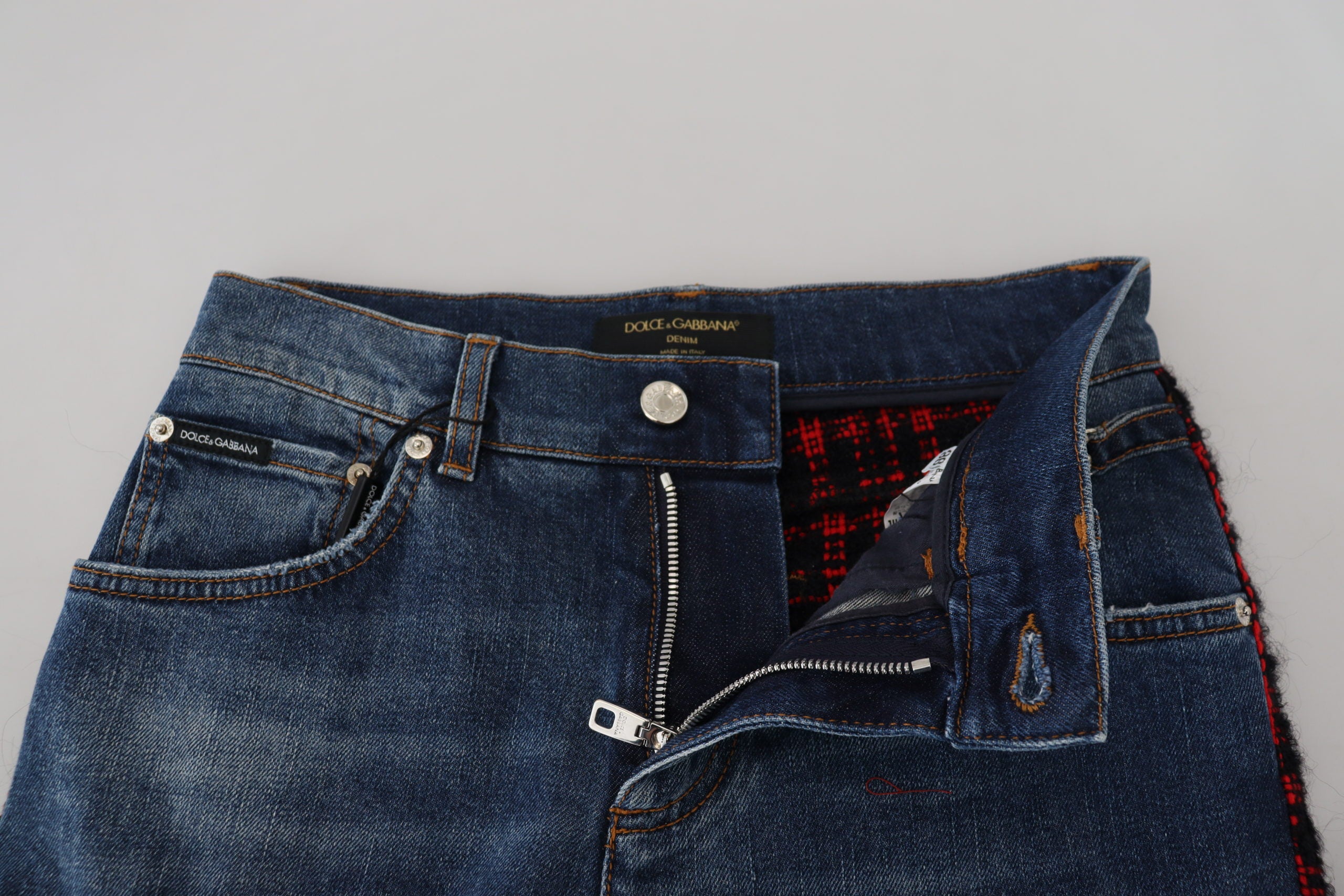 Blue Checkered Back Skinny Denim Jeans - ventzia