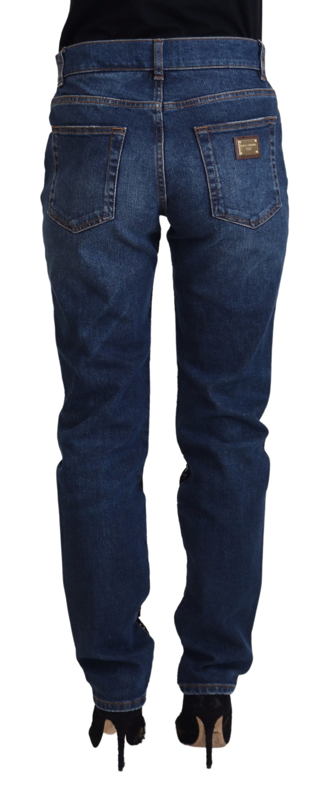Black Floral Lace Front Skinny Denim Jeans - ventzia