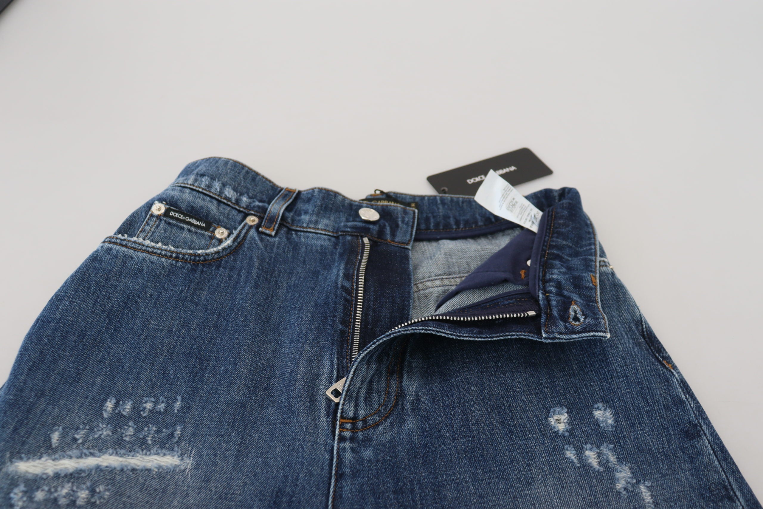 Blue Washed Cotton Tattered Denim Jeans - ventzia