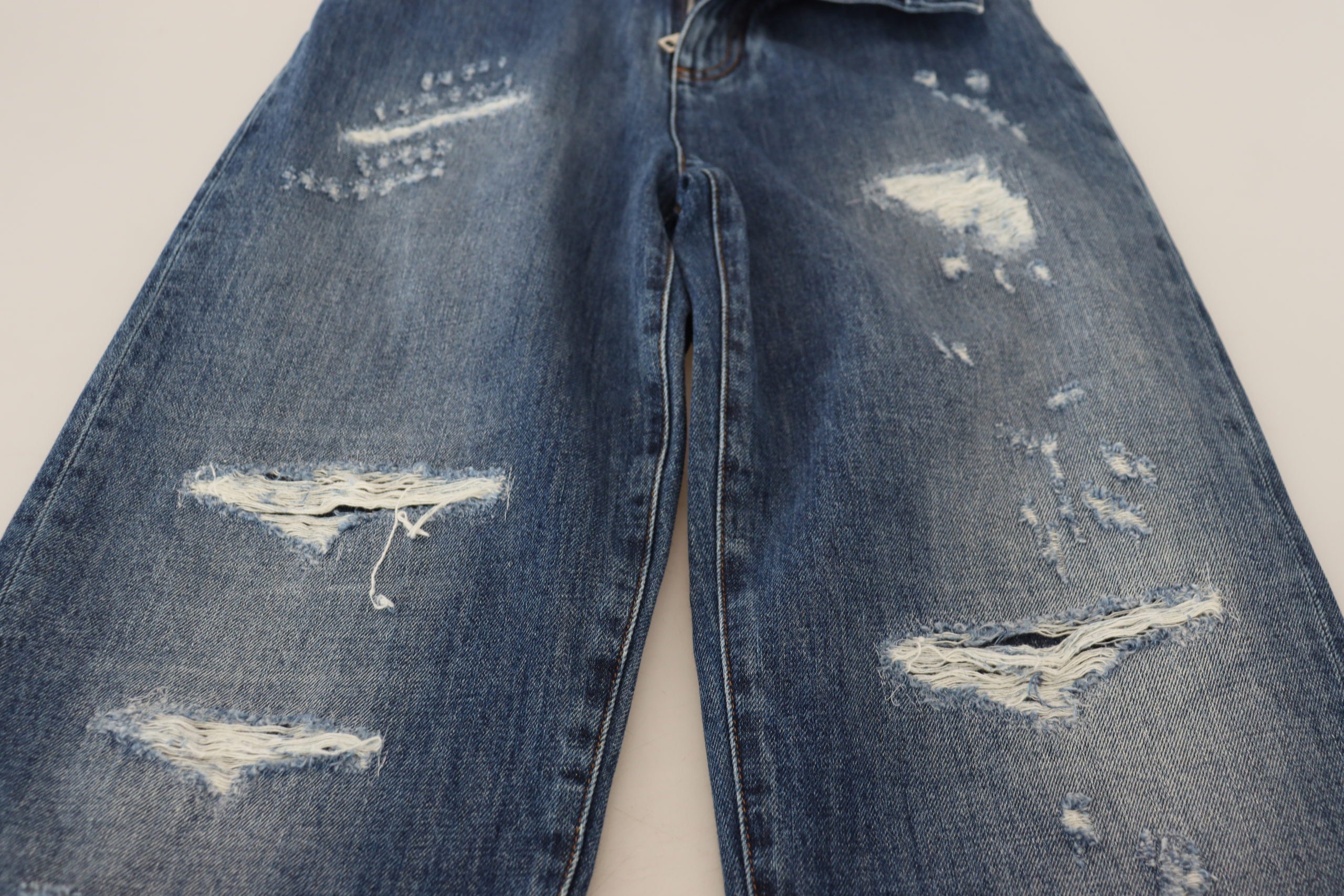 Blue Washed Cotton Tattered Denim Jeans - ventzia