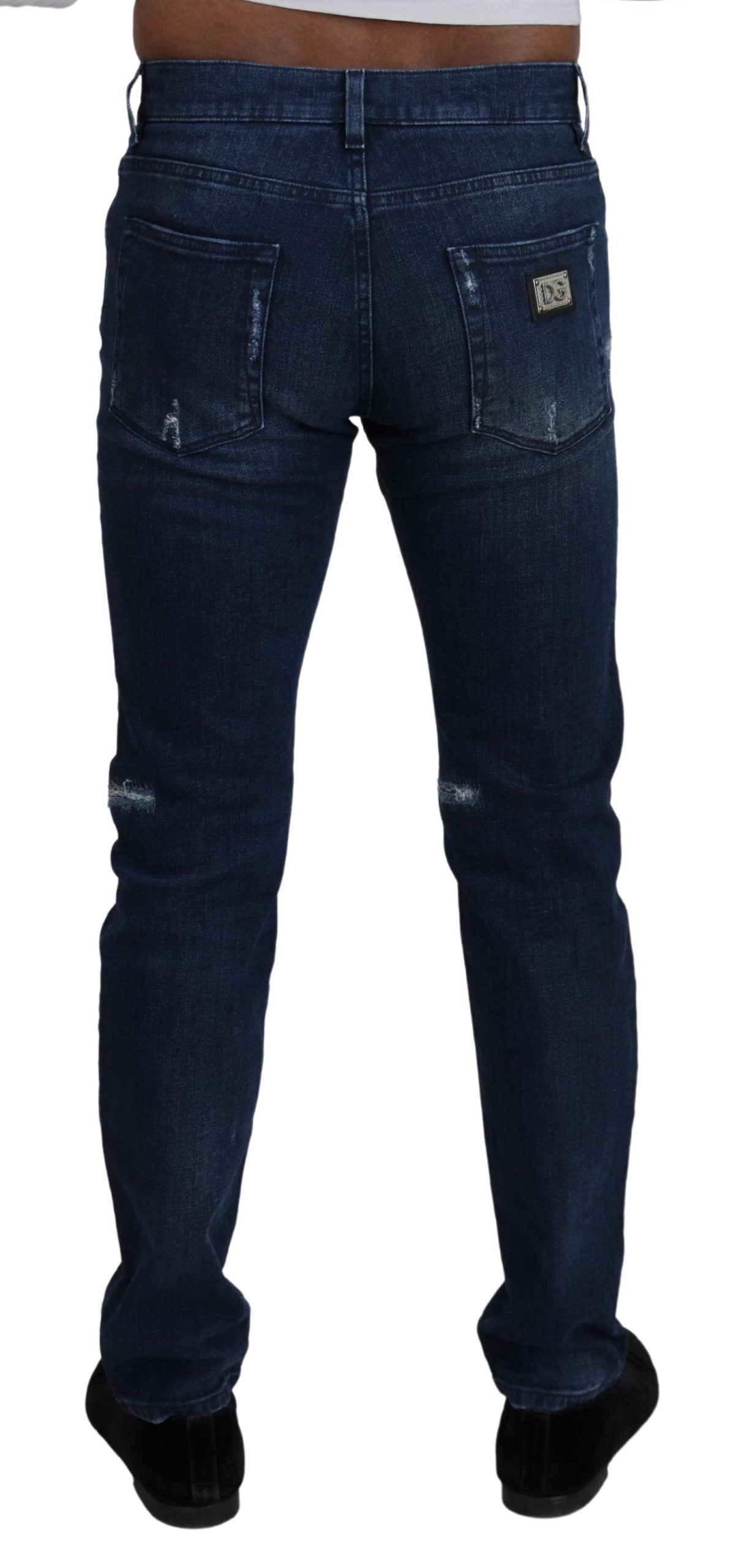Blue Cotton Skinny Tattered Denim Jeans - ventzia