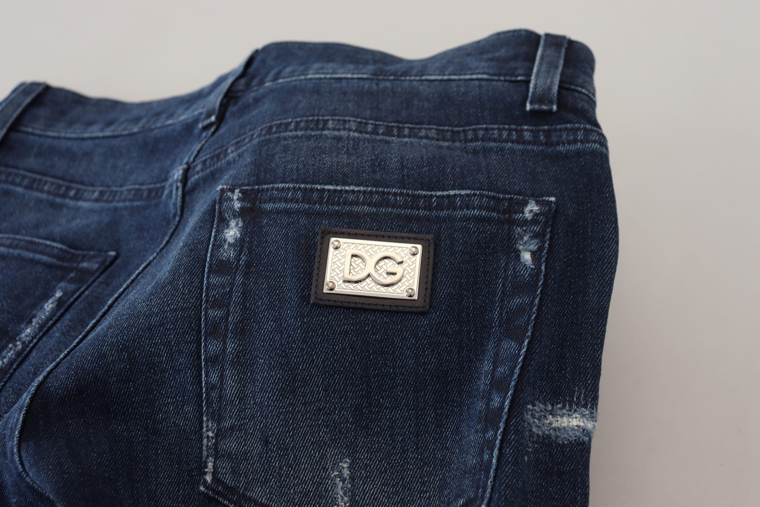 Blue Cotton Skinny Tattered Denim Jeans - ventzia