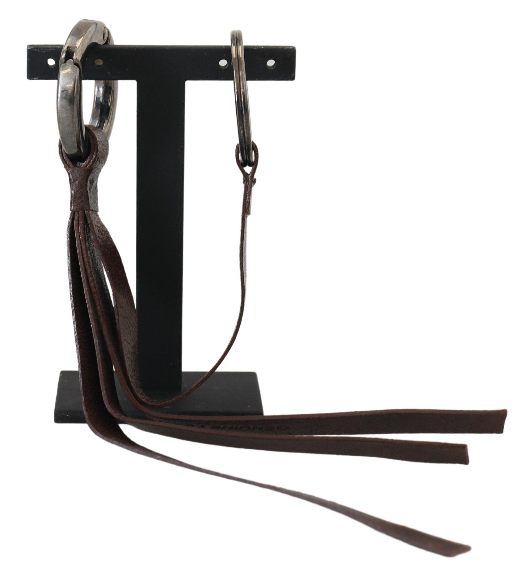 Brown Leather Silver Tone Metal Keyring Keychain - ventzia