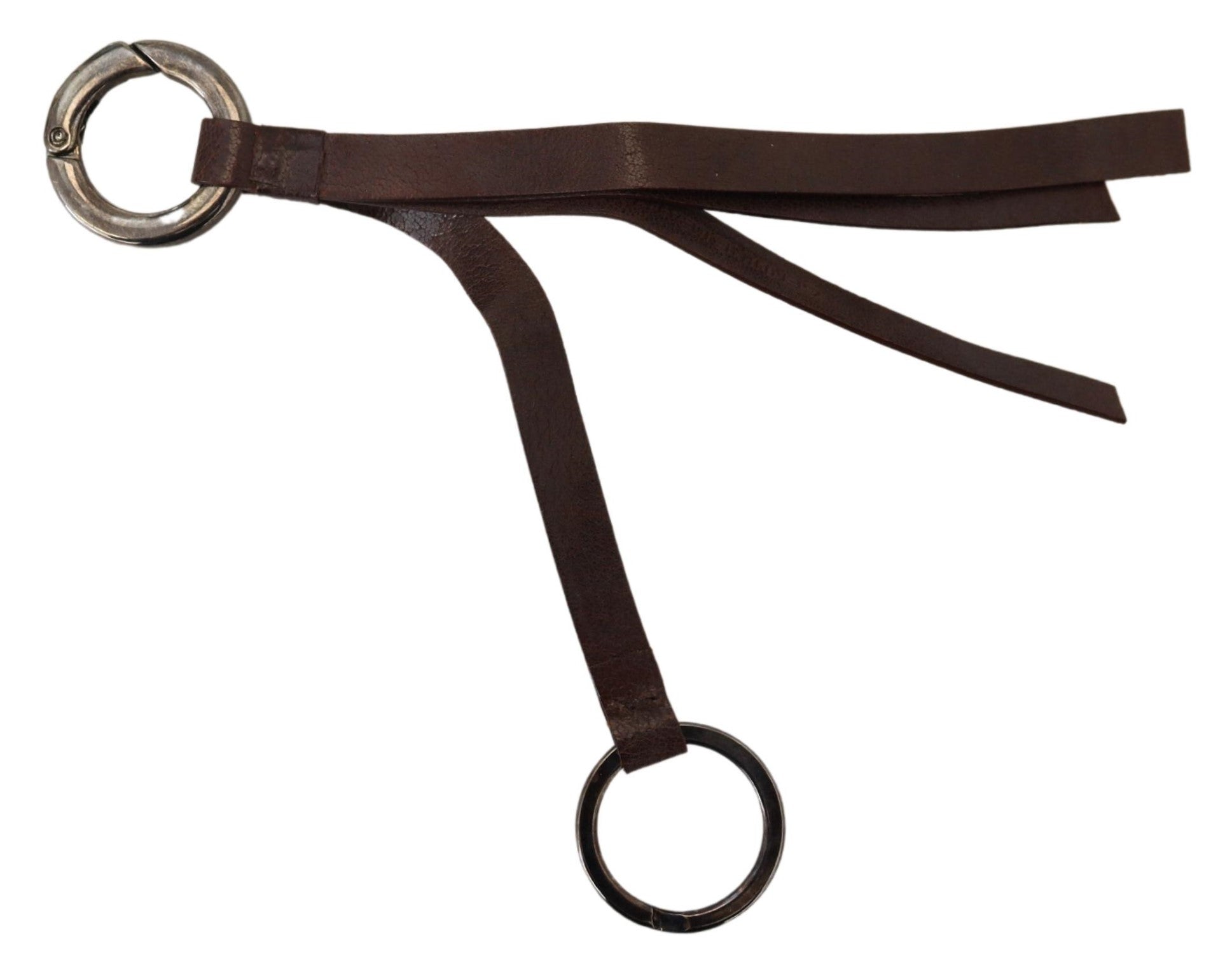 Brown Leather Silver Tone Metal Keyring Keychain - ventzia