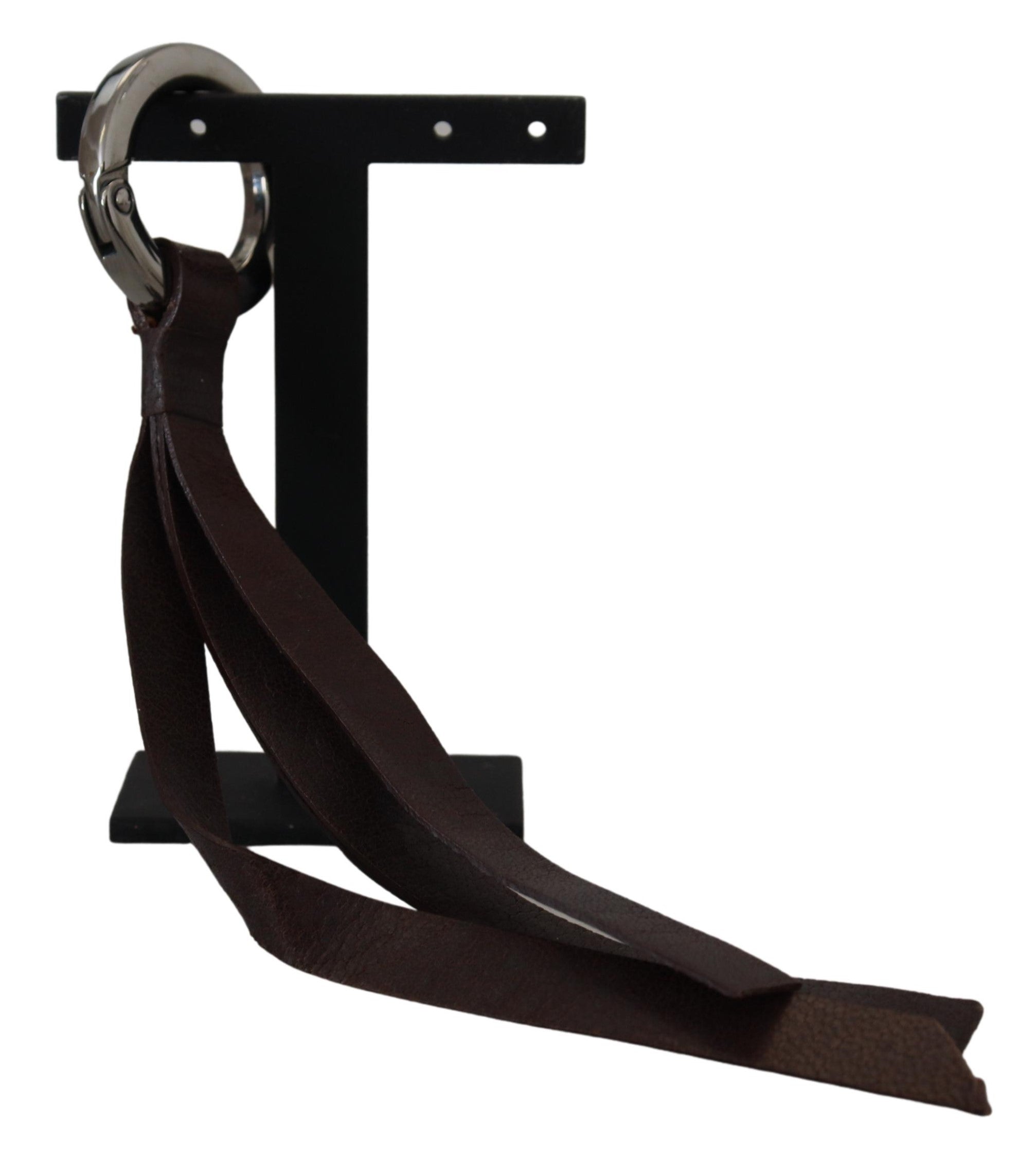 Brown Leather Silver Tone Metal Keyring Keychain - ventzia